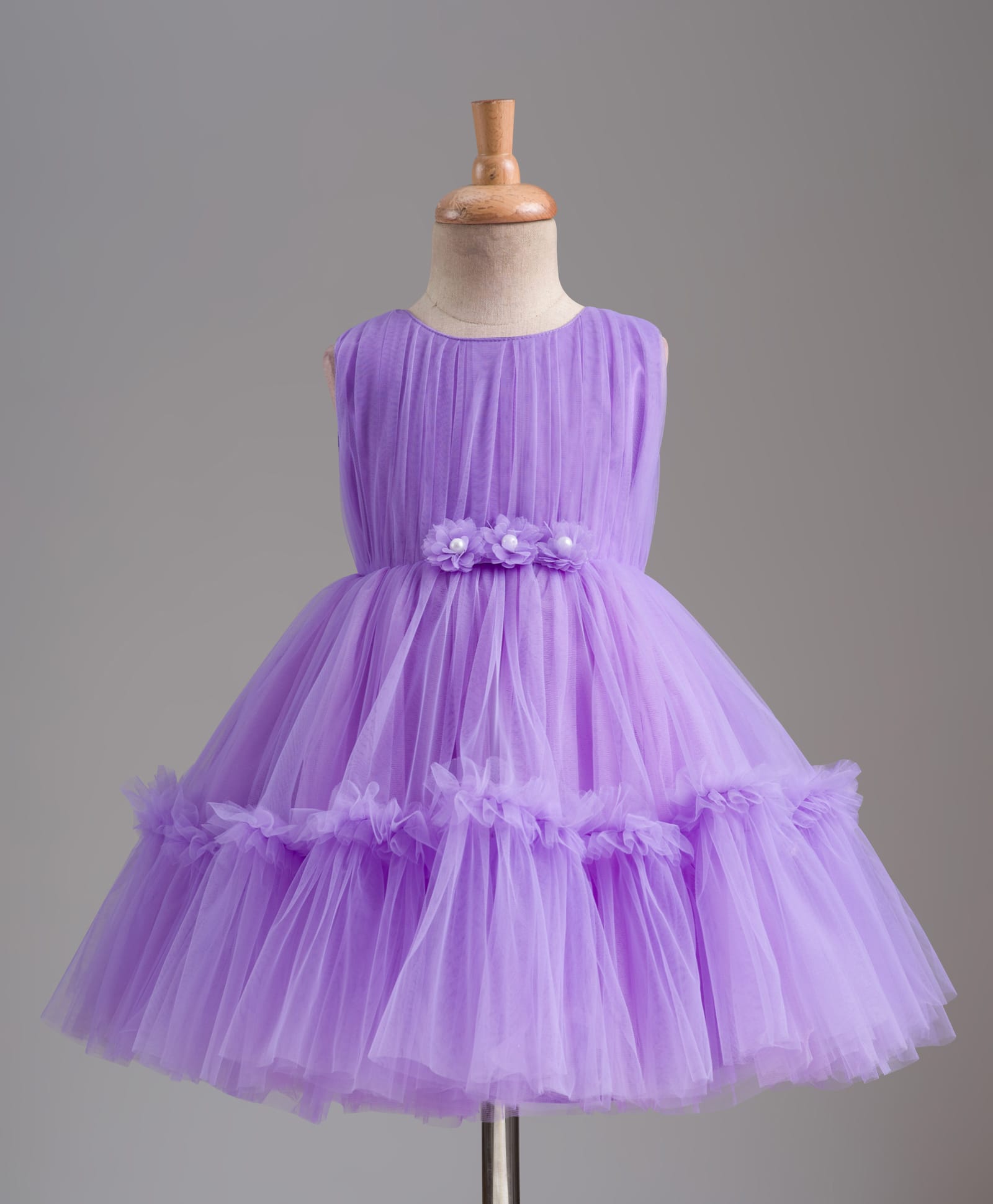 Babyhug Mesh Woven Sleeveless Party Dress With Floral Corsage & Yoke Pleating - Lavender