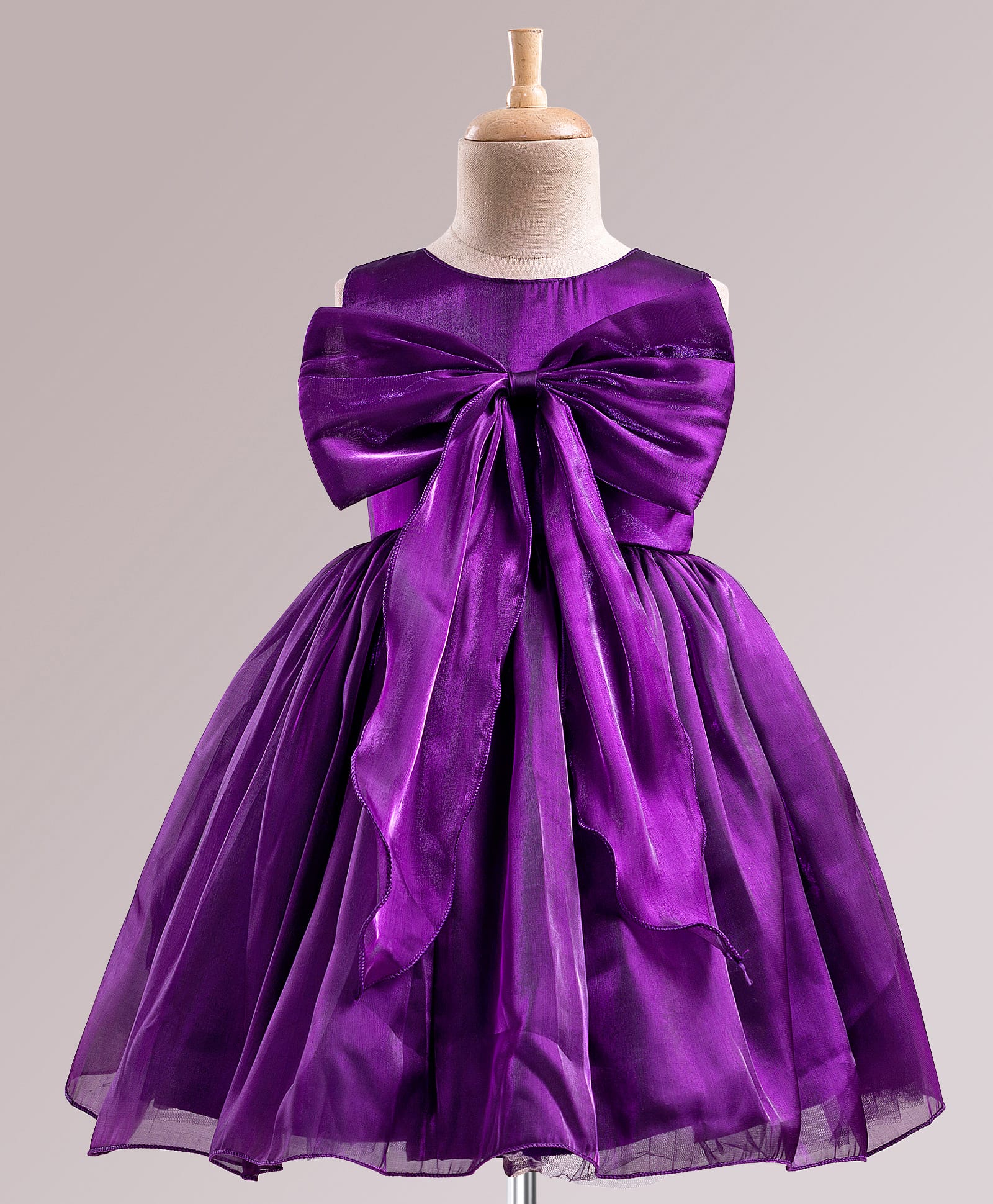 Babyhug T-issue Woven Sleeveless Solid Colour Fit & Flared Party Dress with Bow Applique - Purple
