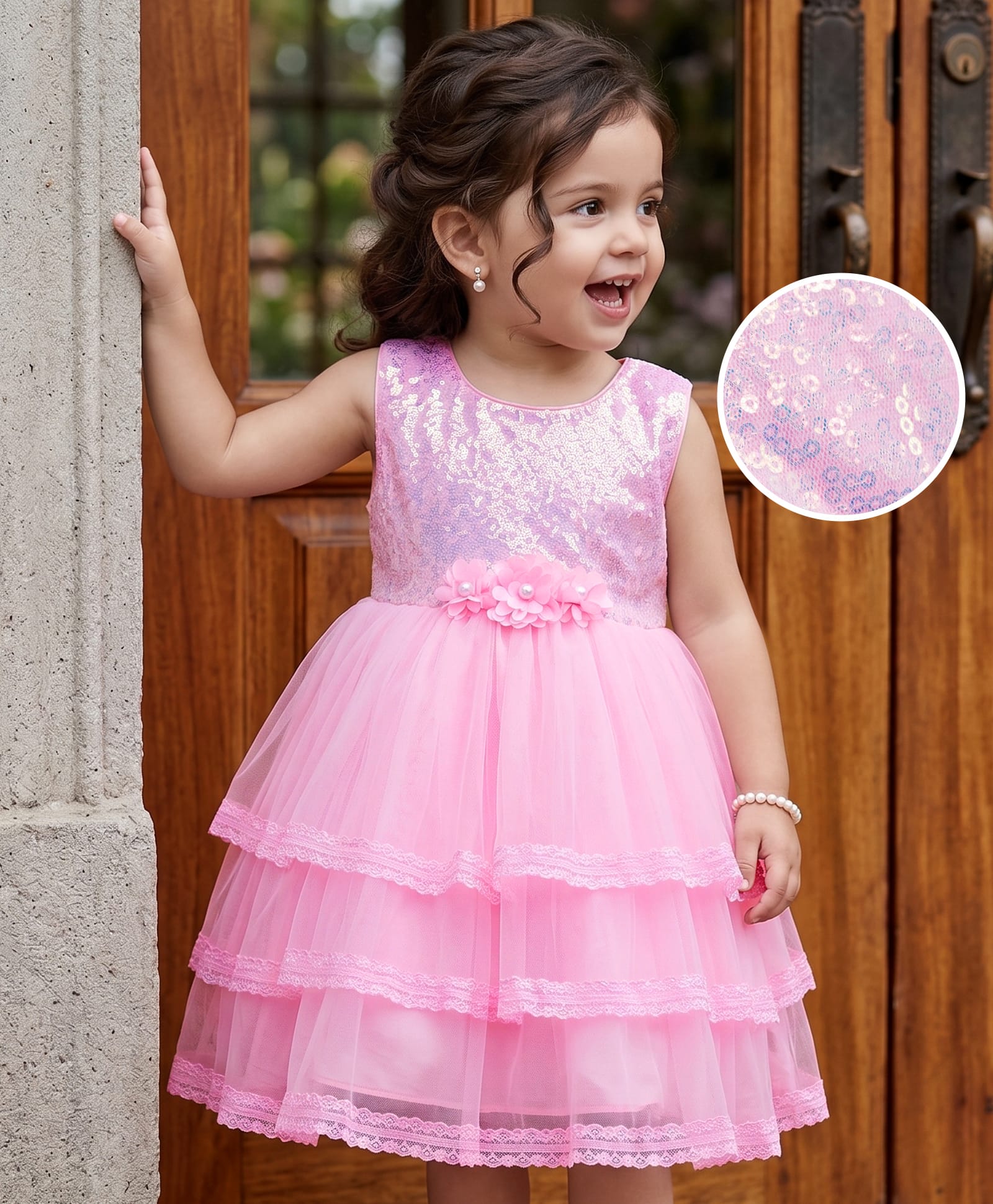 Babyhug Mesh Woven Sleeveless Embellished Sequins on Yoke Party Dress with Lace Detailing & Floral Corsage - Light Pink-image-43