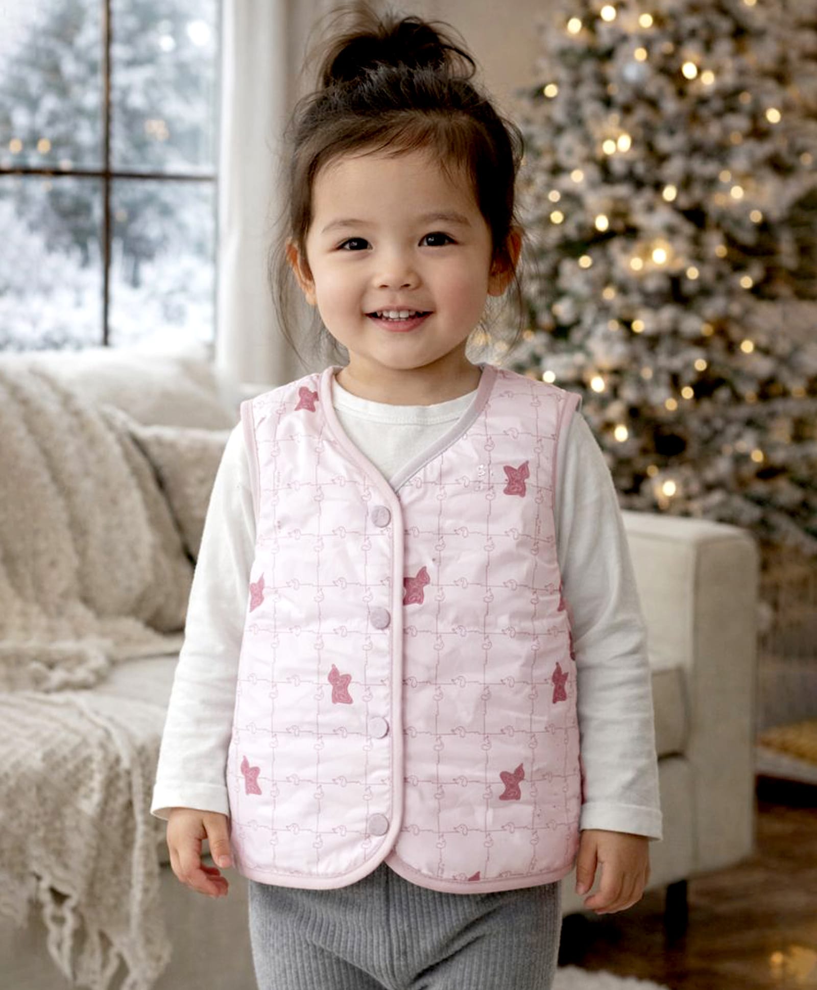 Little Surprise Box Knit Sleeveless Abstract Printed Light Winter Reversible Jacket - Pink-picture-18