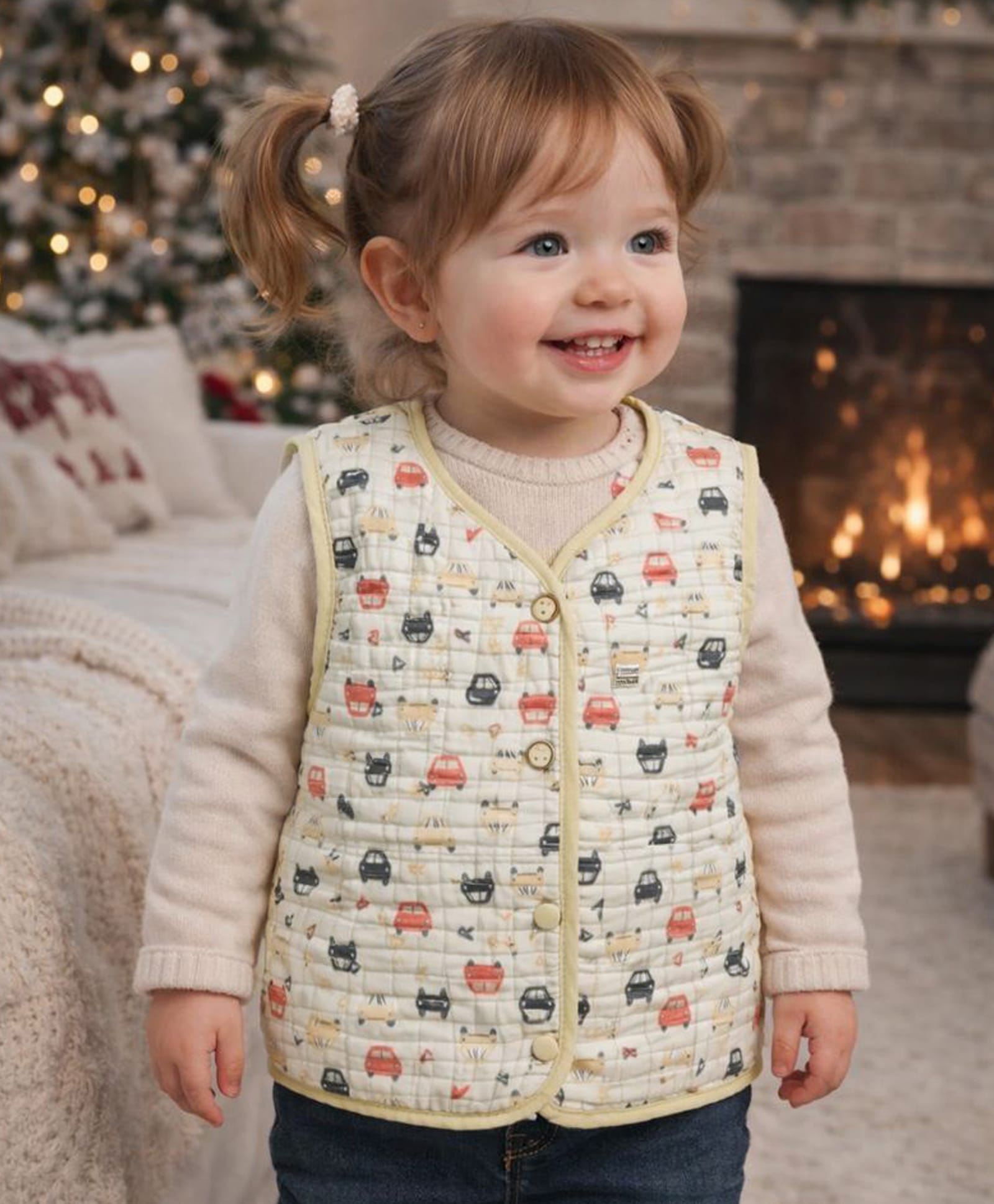 Little Surprise Box Knit Sleeveless Vehicles Printed Light Winter Reversible Jacket - Yellow-picture-24