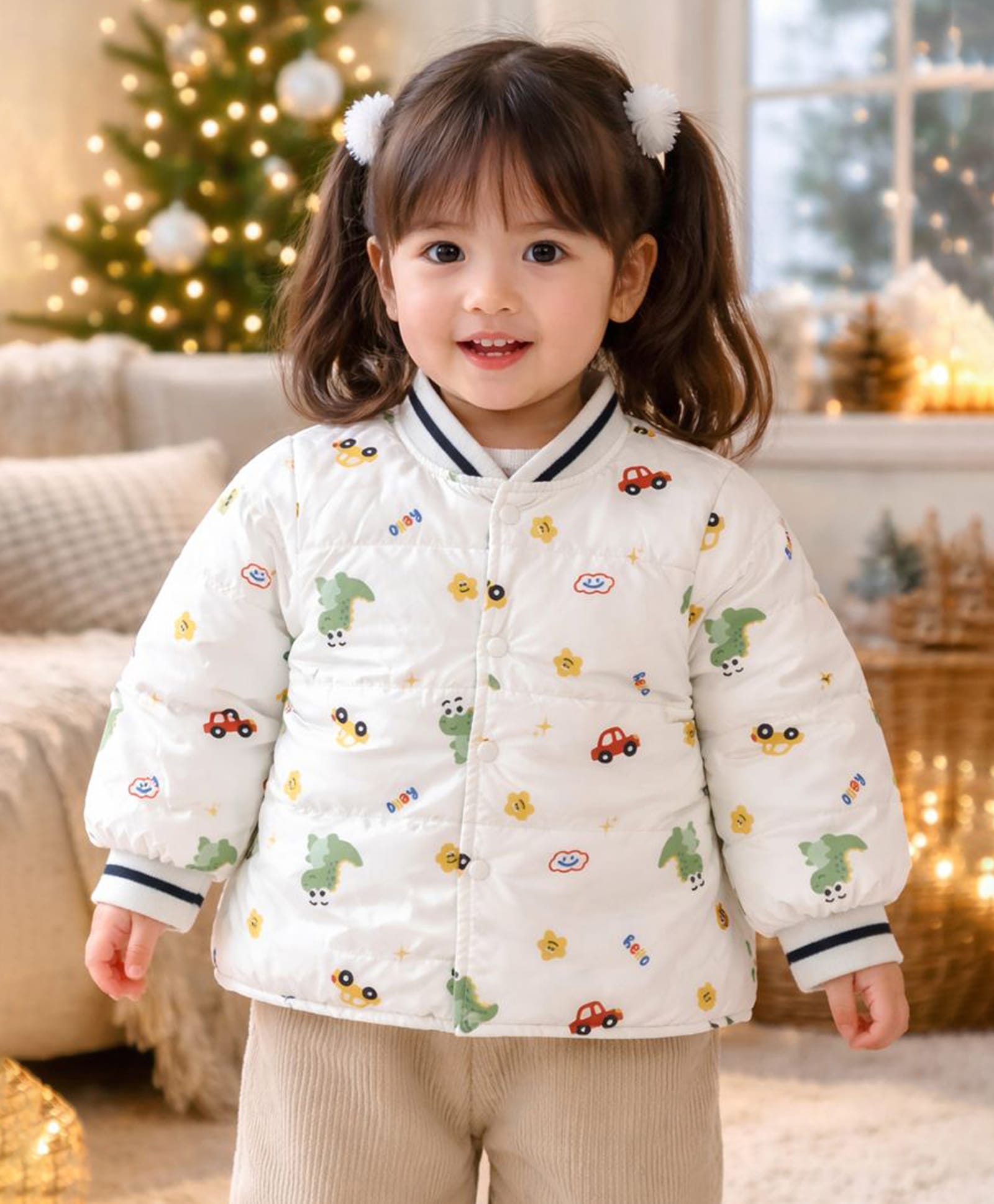 Little Surprise Box Knit Full Sleeves Vehicles Printed Light Winter Jacket - Cream-picture-19