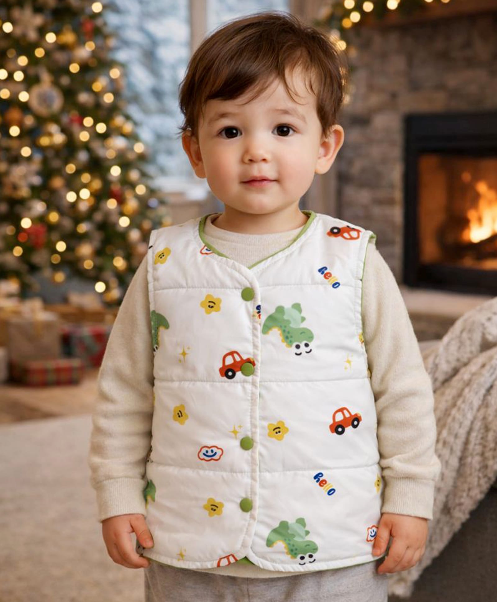 Little Surprise Box Knit Sleeveless Cars & Dinosaurs Printed Light Winter Reversible Jacket - Cream-picture-24