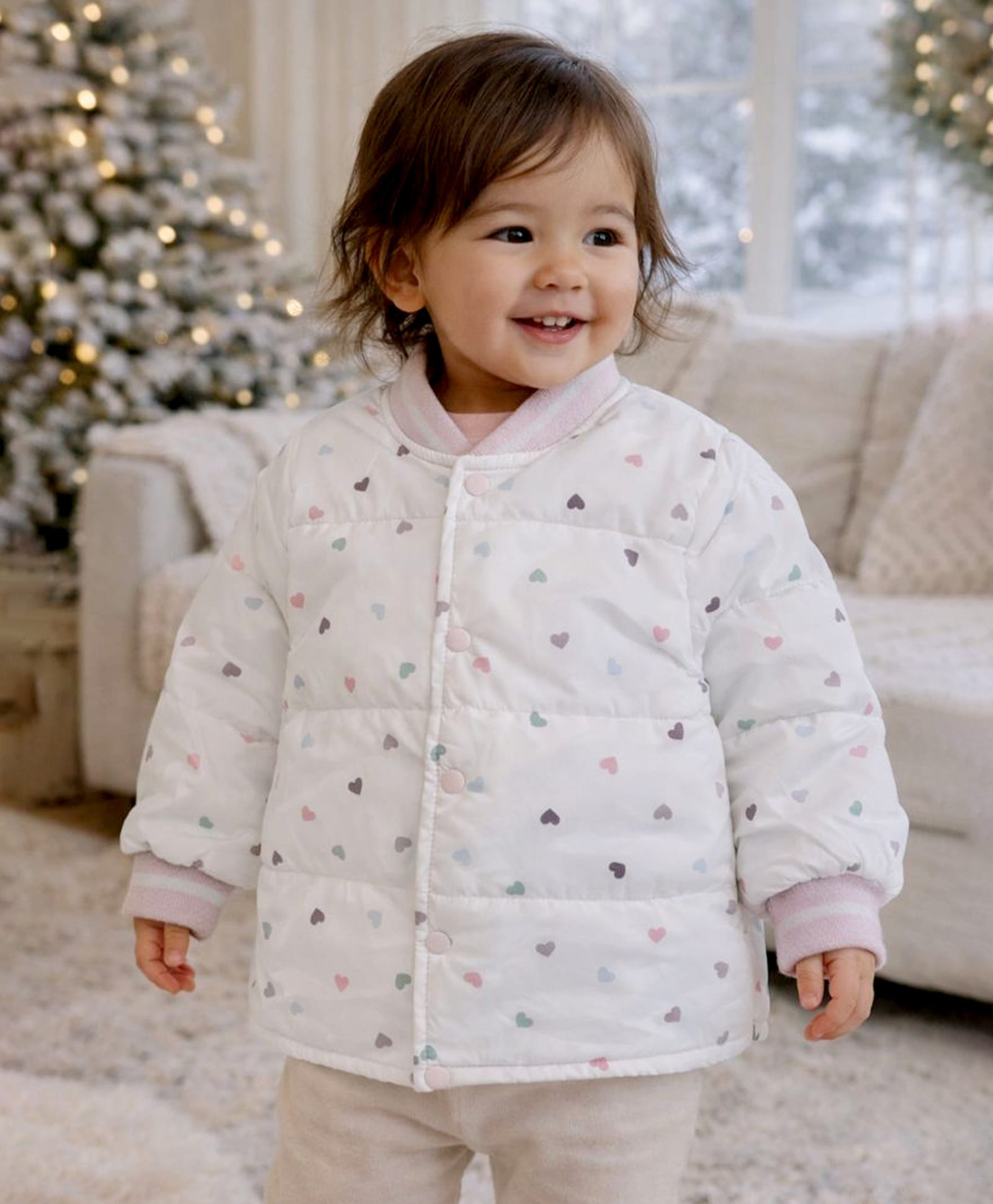 Little Surprise Box Knit Full Sleeves Hearts Printed Light Winter Jacket - Cream-picture-18