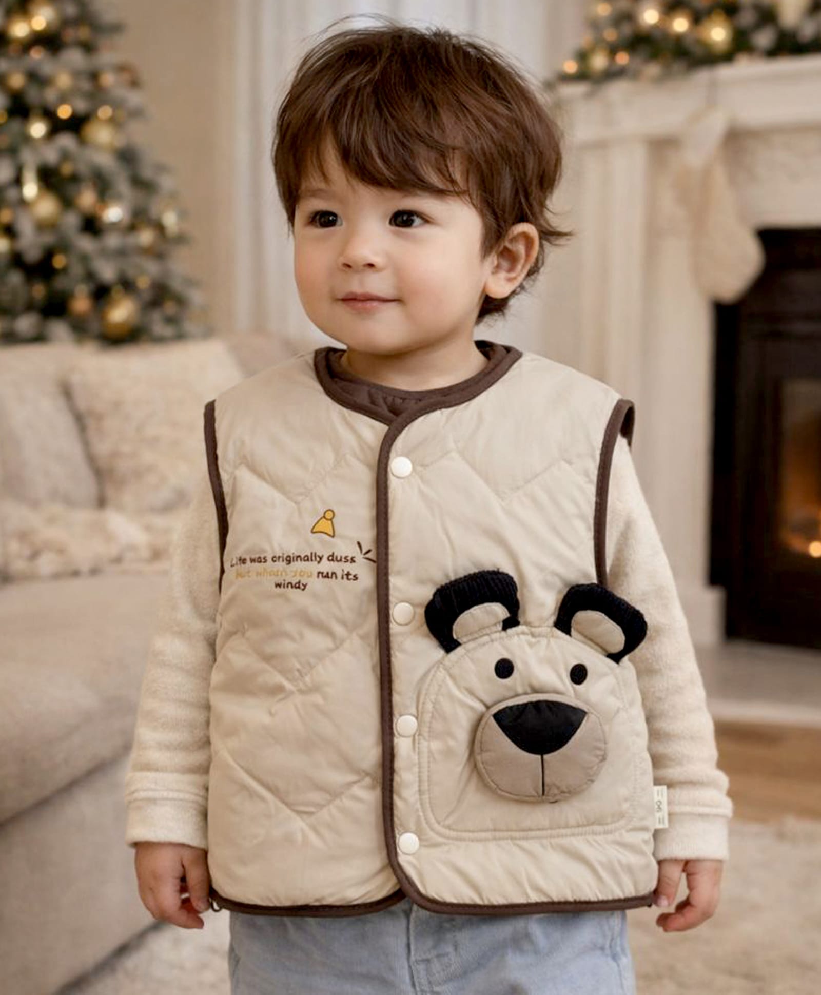 Little Surprise Box Knit Sleeveless Bear Applique Detailed Light Winter Quilted Jacket - Cream-image-13