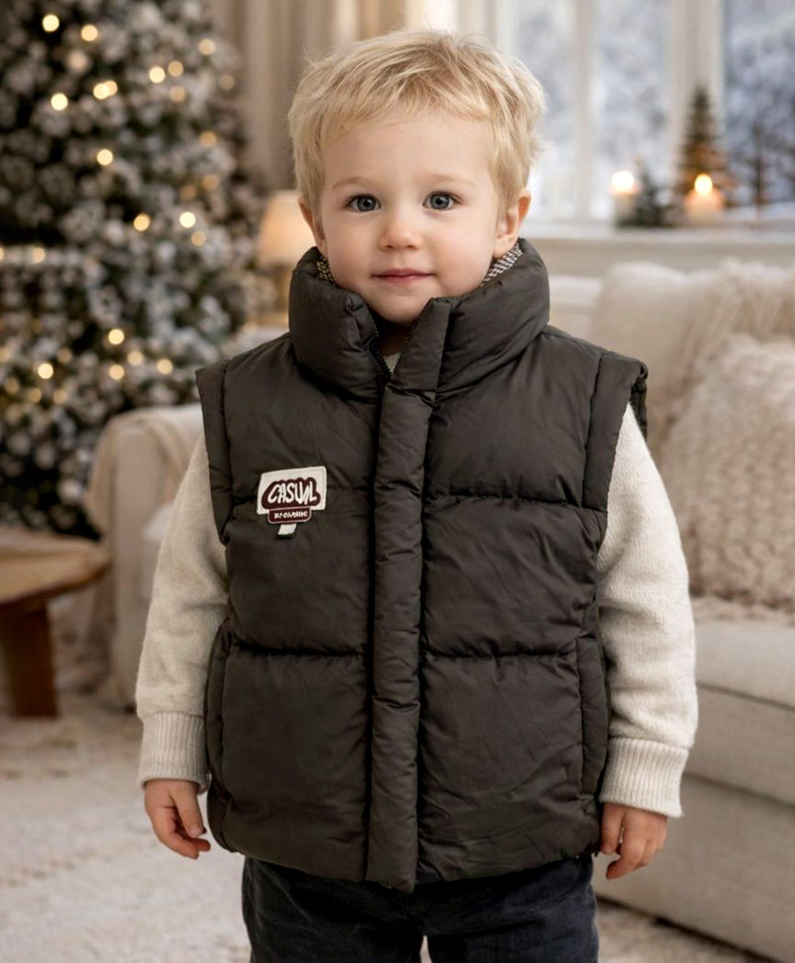 Little Surprise Box Knit Sleeveless Solid Light Winter Puffer Jacket - Brown-picture-22