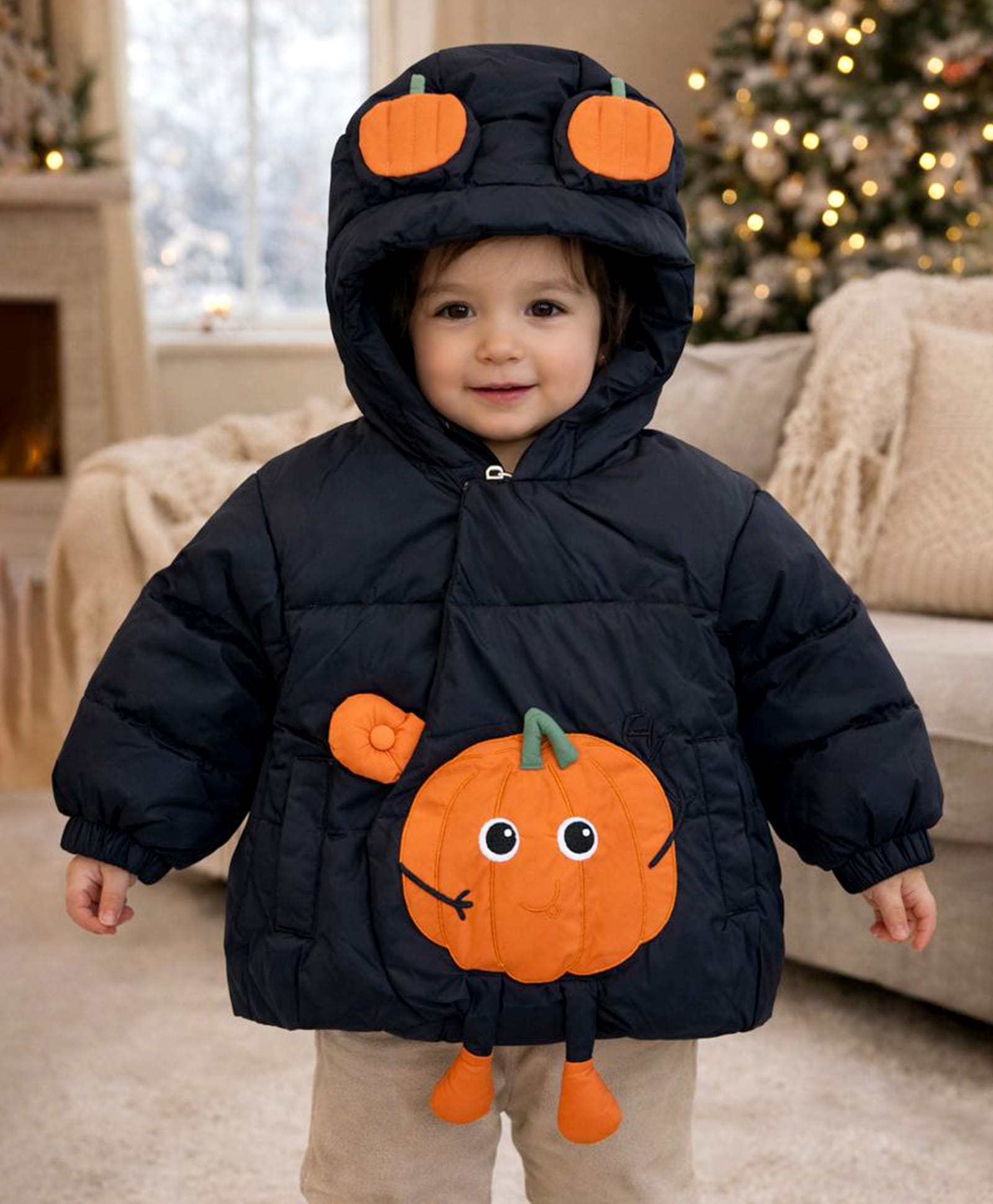 Little Surprise Box Knit Full Sleeves Pumpkin Designed Hooded Puffer Jacket - Black-picture-11