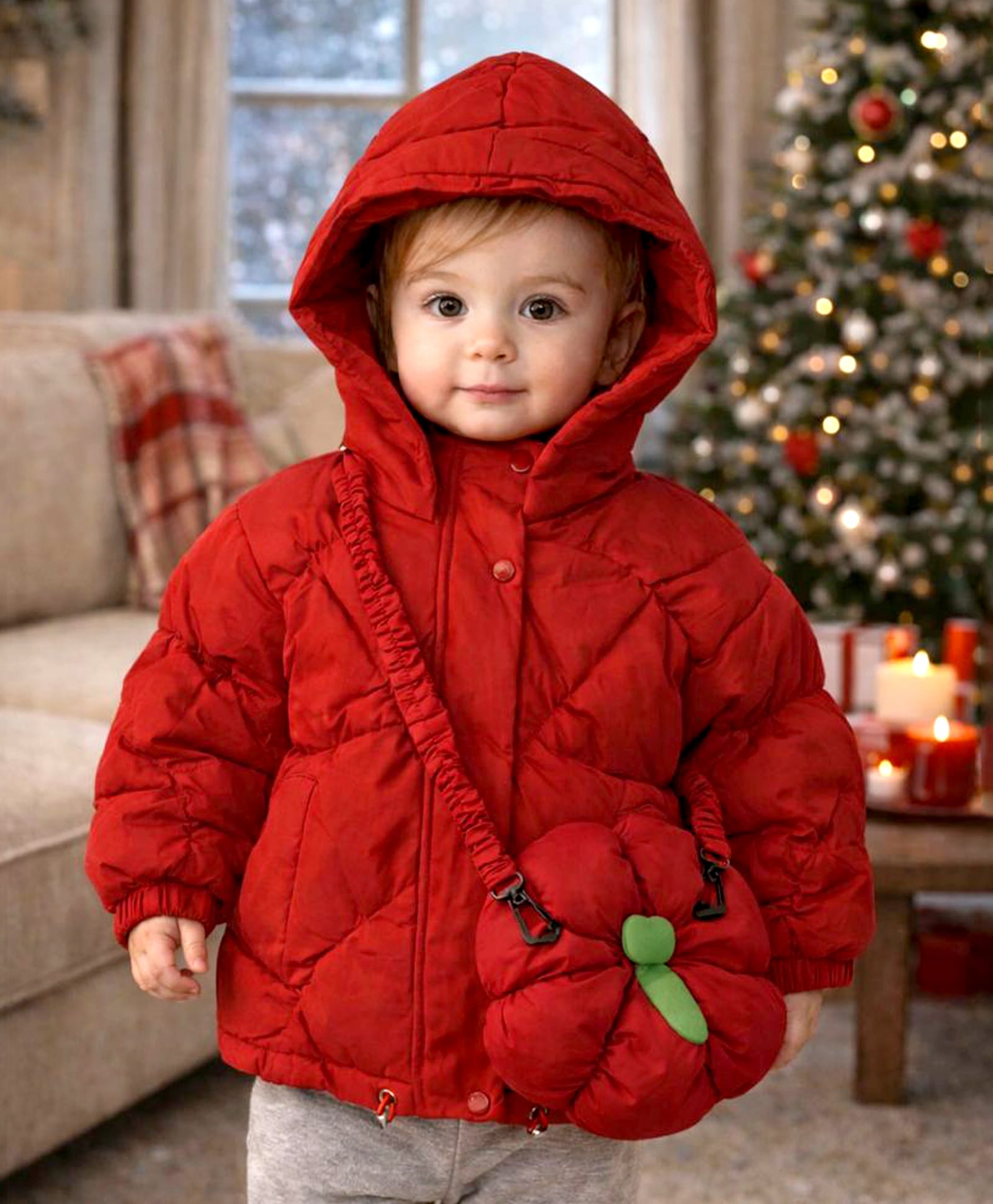 Little Surprise Box Knit Full Sleeves Solid Light Winter Hooded Puffer Jacket With Sling Bag - Maroon-picture-30