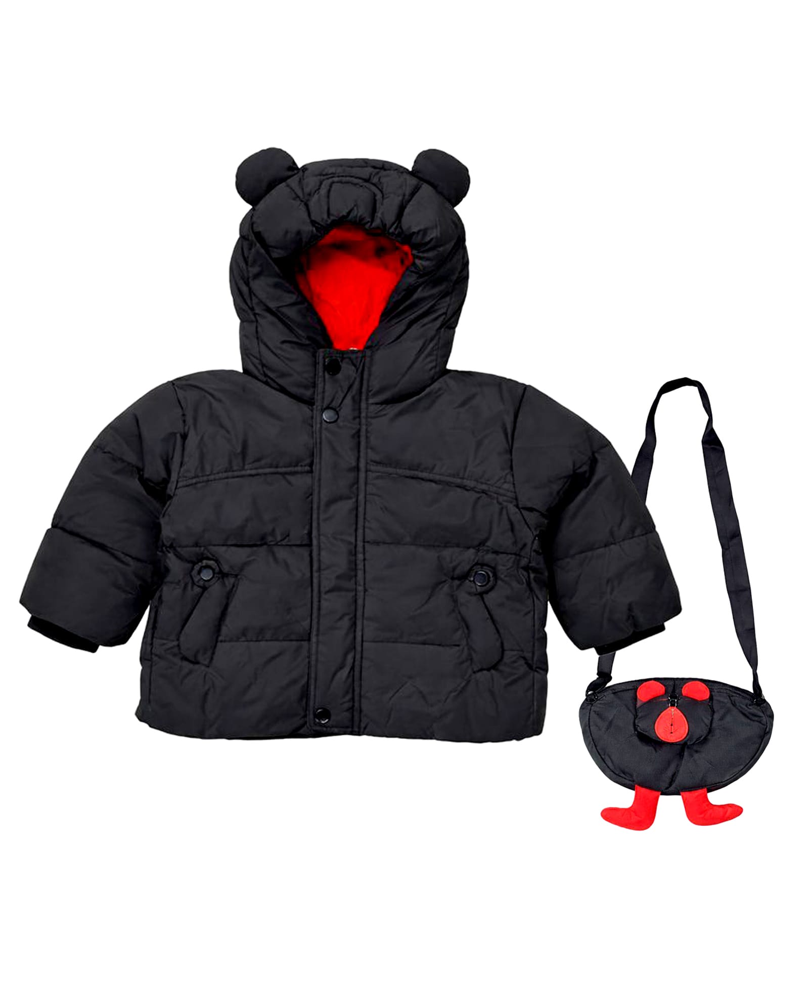 Little Surprise Box Knit Full Sleeves Solid Light Winter Hooded Puffer Jacket With Sling Bag - Black-picture-41