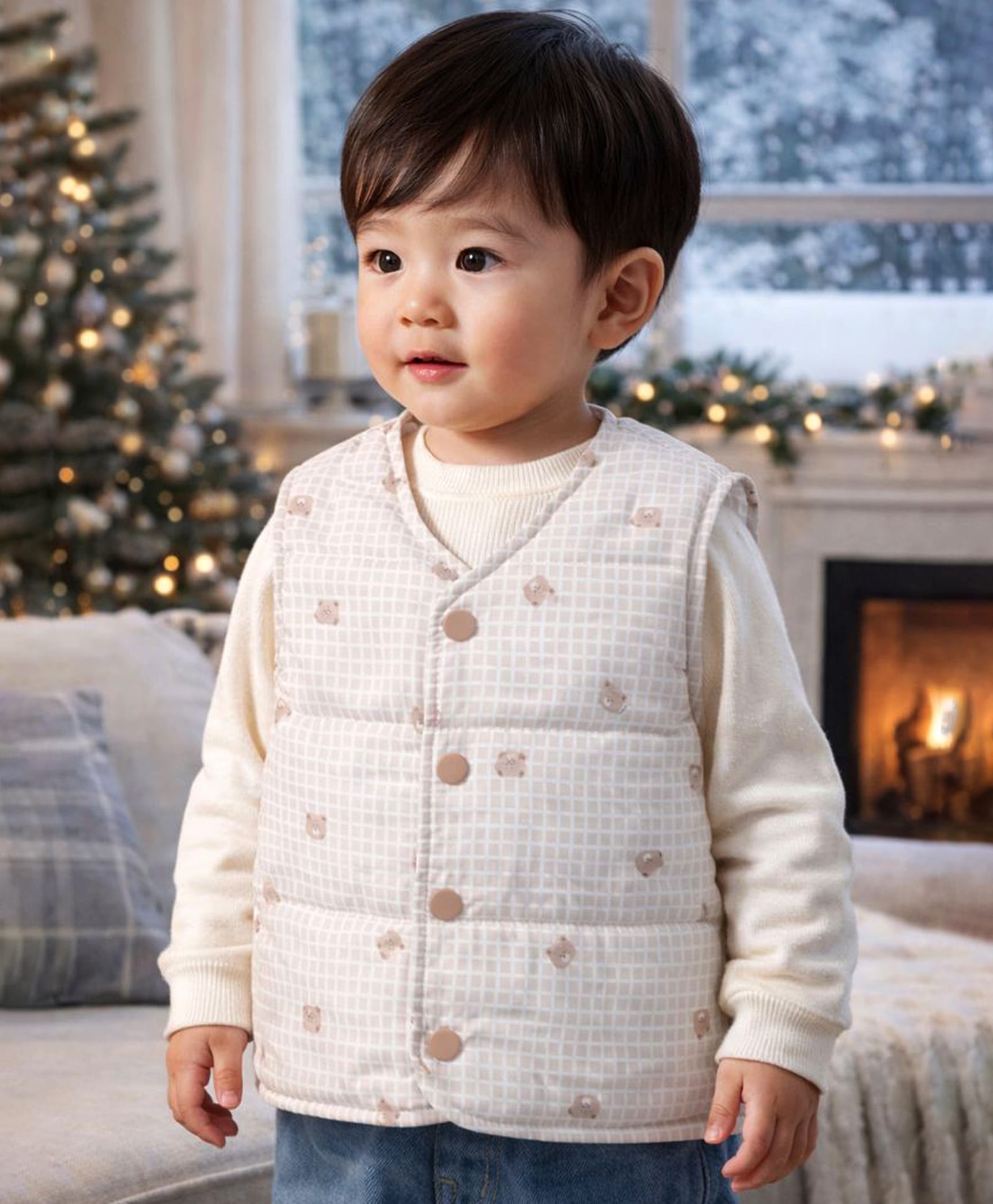 Little Surprise Box Knit Sleeveless Abstract Printed Light Winter Reversible Jacket - Cream-picture-42