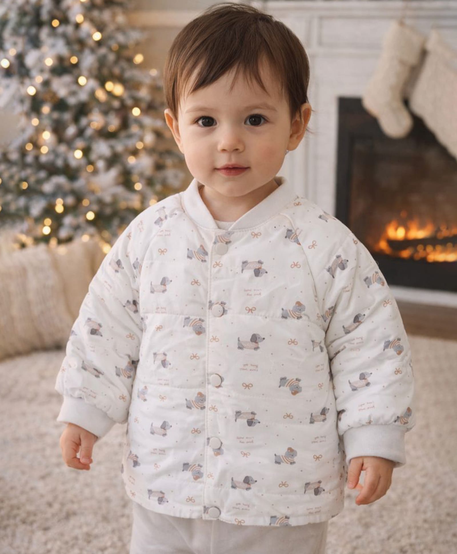 Little Surprise Box Knit Full Sleeves Dogs Printed Light Winter Jacket - Cream-picture-39