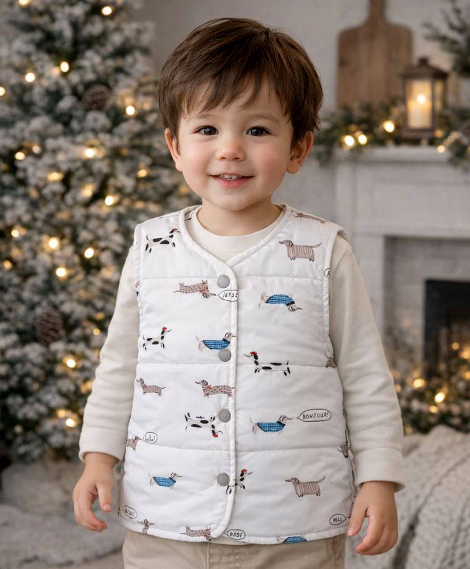 Little Surprise Box Knit Sleeveless Dogs Printed Light Winter Reversible Jacket - Cream-picture-14