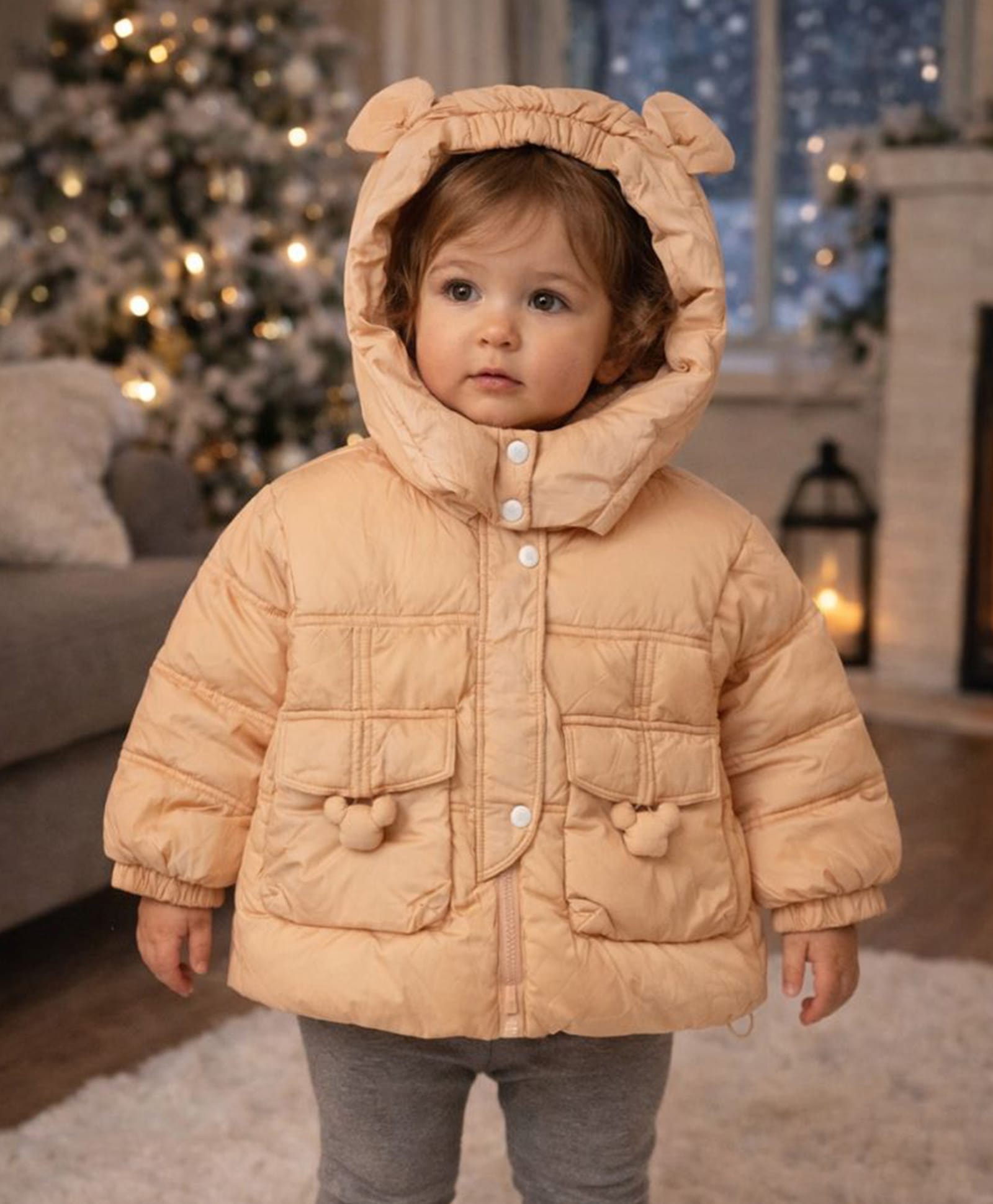 Little Surprise Box Knit Full Sleeves Bear Applique Detailed Light Winter Puffer Hooded Jacket - Peach-picture-36