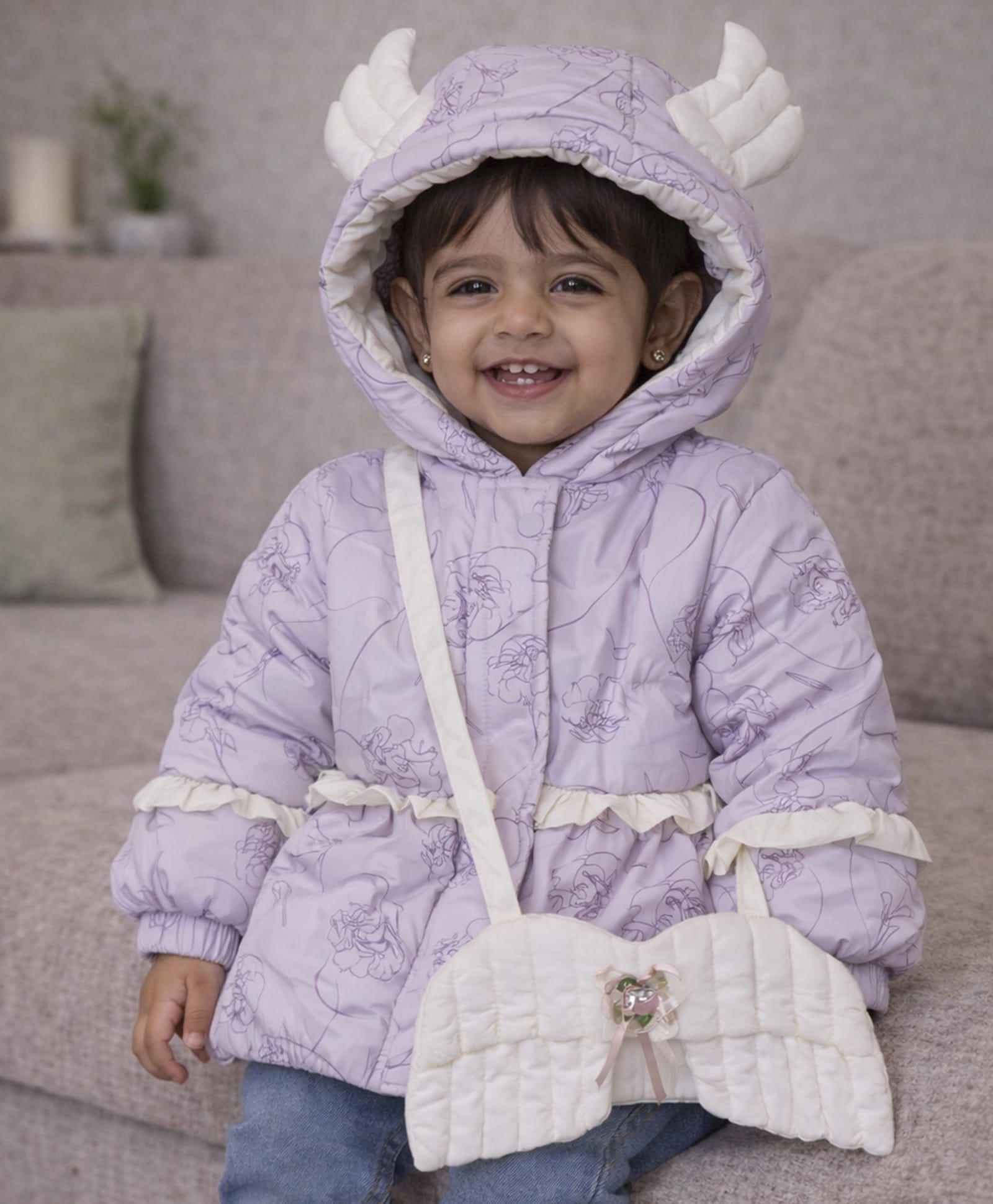 Little Surprise Box Knit Full Sleeves Abstract Printed Light Winter Hooded Jacket With Detachable Sling Bag - Purple-picture-15