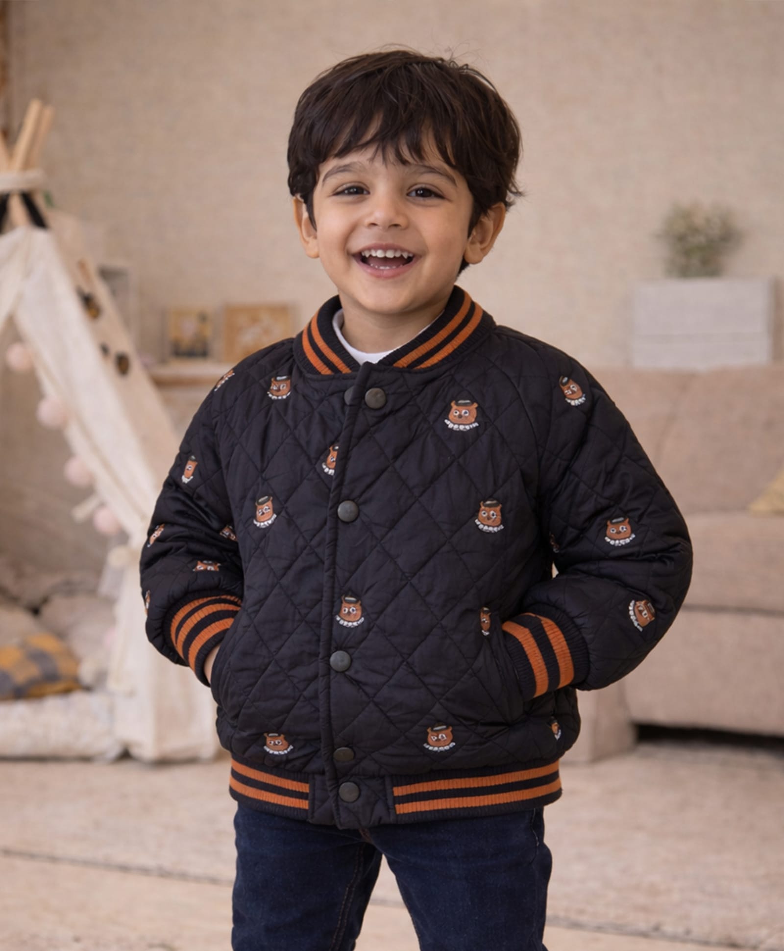 Little Surprise Box Knit Full Sleeves Animal Printed Light Winter Quilted Jacket - Black-picture-16