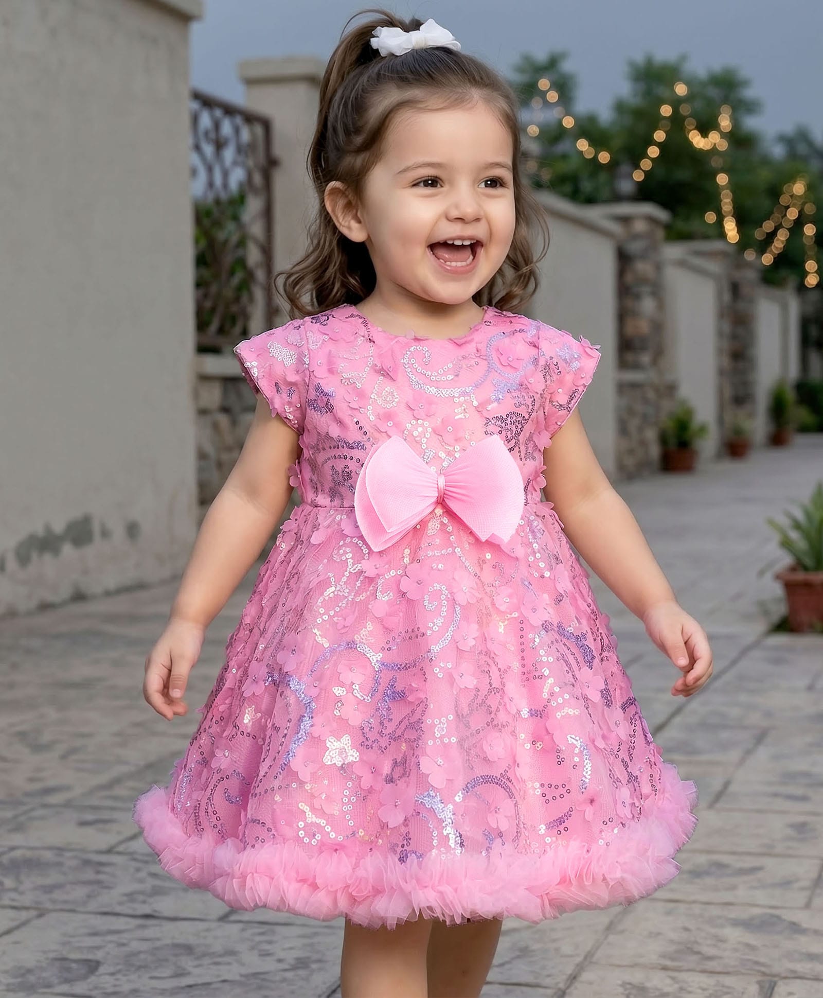 Babyhug Mesh Woven Cap Sleeves Party Dress With Floral Applique & Sequin Detailing - Dark Pink-image-30