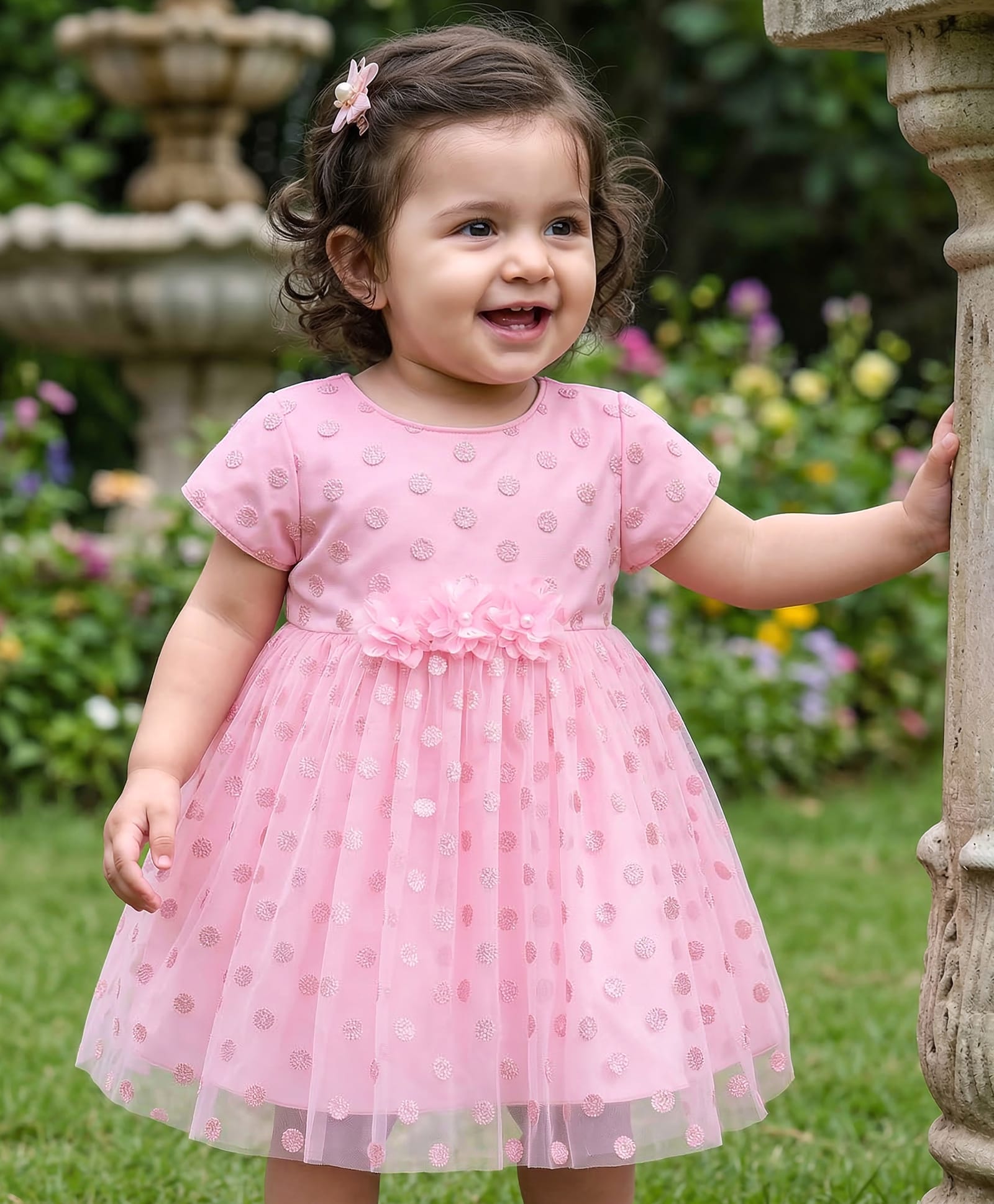 Babyhug Mesh Woven Cap Sleeves Foil Printed Party Dress With Floral Corsage - Light Pink-image-41