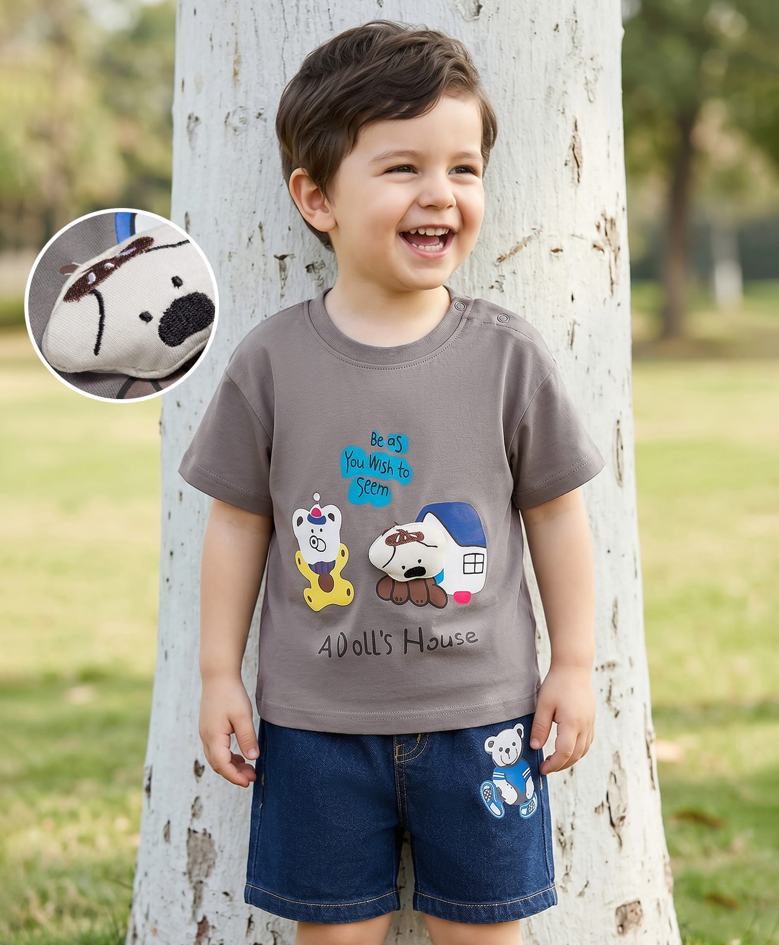 Mark & Mia Cotton Knit Drop Shoulder Half Sleeves T-Shirt & Denim Shorts Set with Bear Print & Applique - Multicolor-image-22