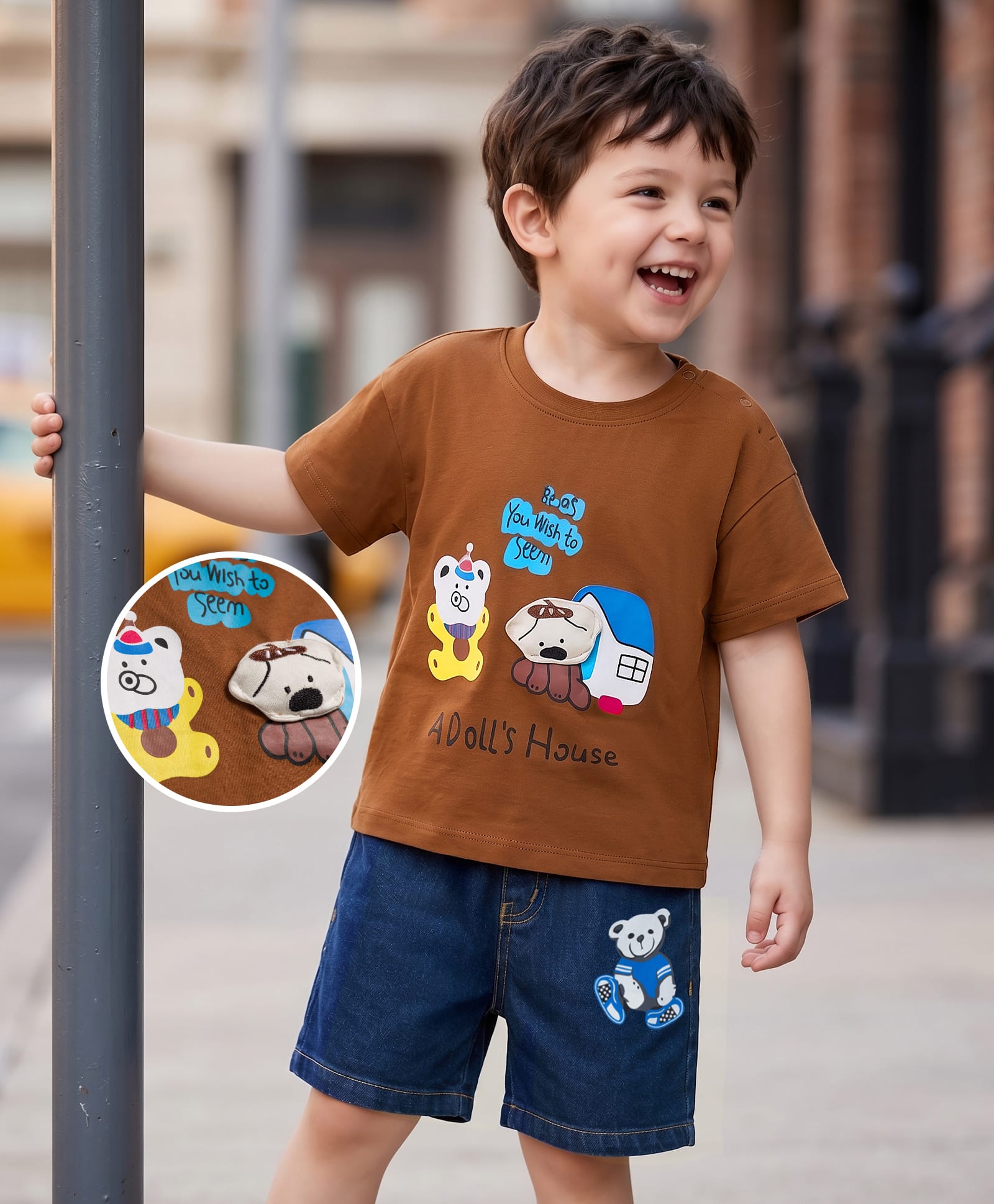 Mark & Mia Cotton Knit Drop Shoulder Half Sleeves T-Shirt & Denim Shorts Set with Bear Print & Applique - Multicolor-image-23