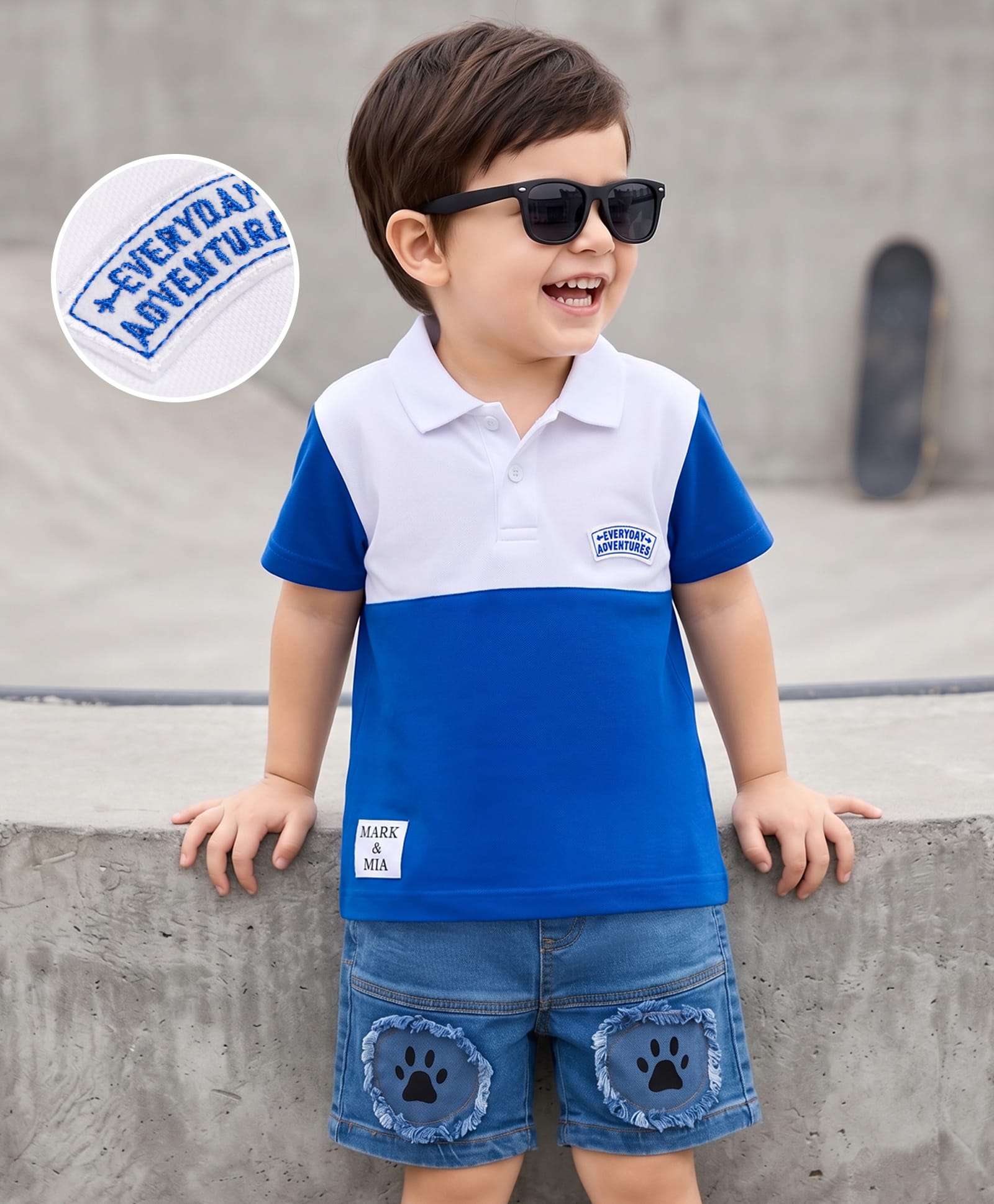 Mark & Mia Cotton Knit Half Sleeves Polo T-Shirt & Denim Shorts With Paw Detailing - Multicolor-picture-23