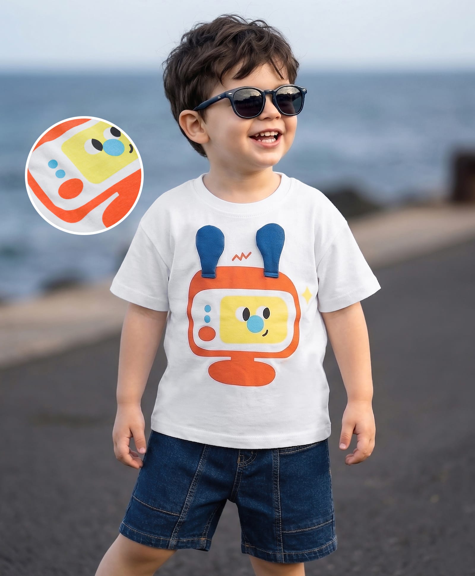 Mark & Mia Cotton Knit Drop Shoulder Half Sleeves T-Shirt & Denim Shorts Set with TV Print & Applique - Multicolor-image-28