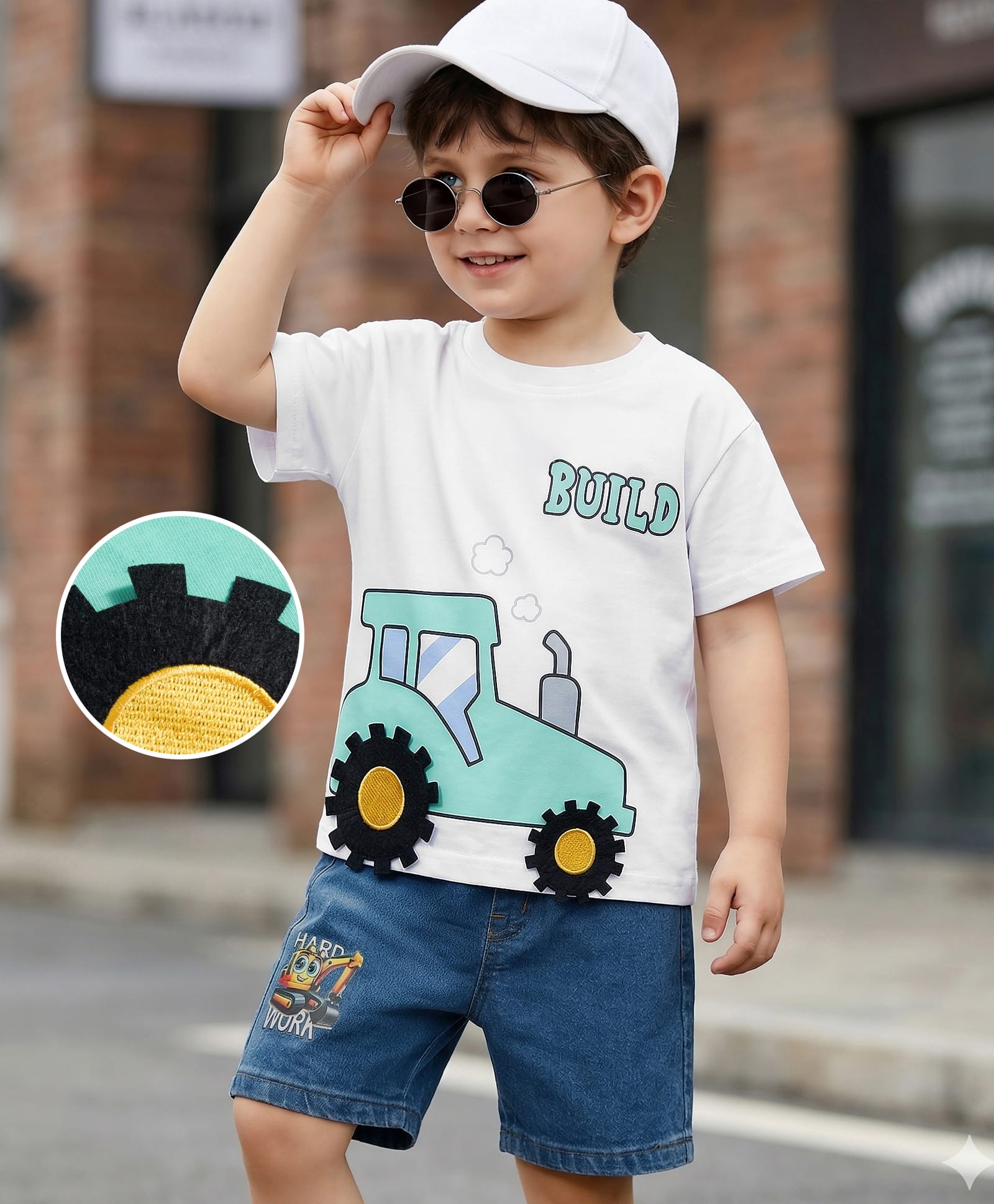 Mark & Mia Cotton Knit Drop Shoulder Half Sleeves T-Shirt & Denim Shorts Set with Vehicle Print - Multicolor-image-21