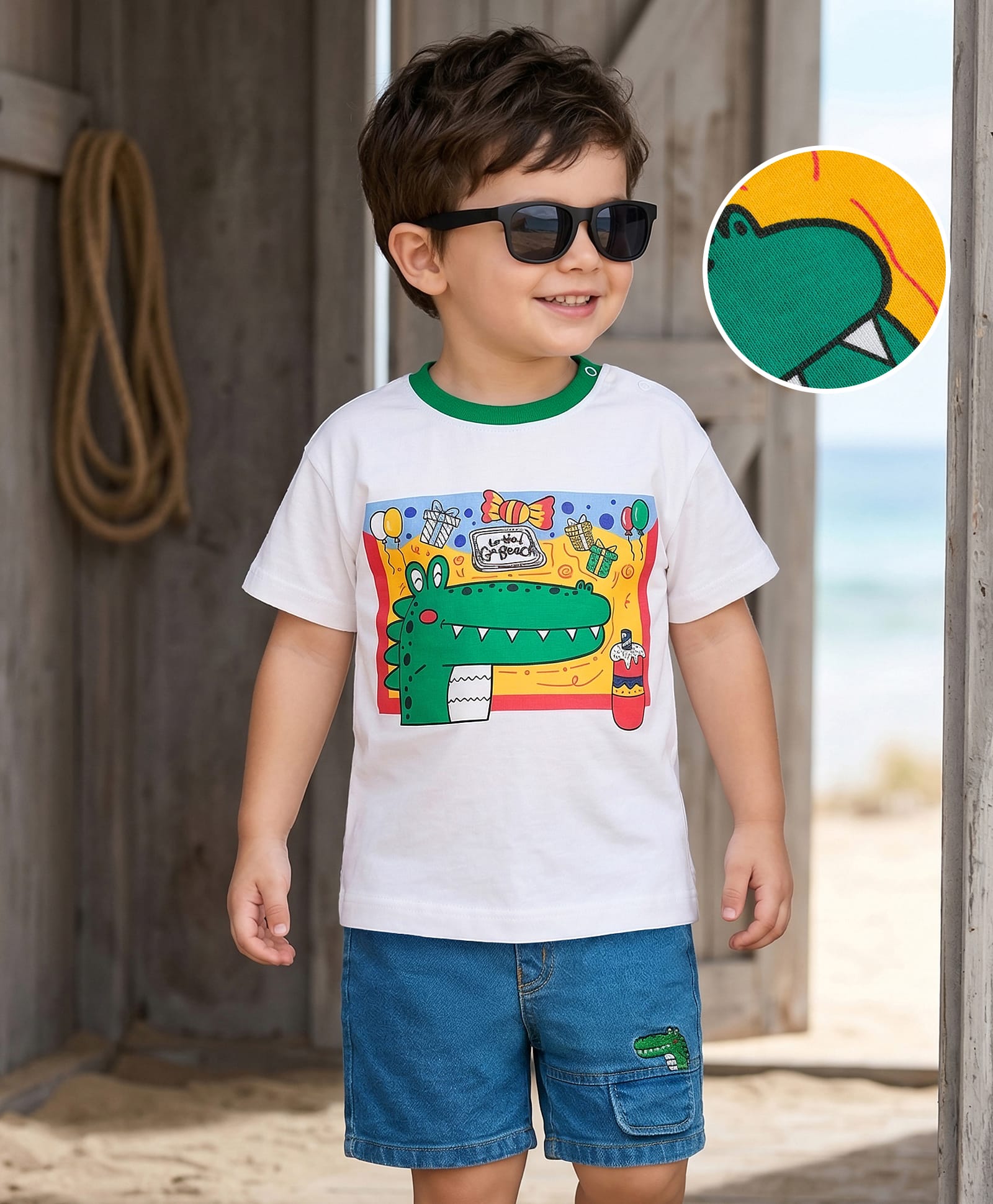 Mark & Mia Cotton Knit Drop Shoulder Half Sleeves T-Shirt & Denim Shorts Set Dino Print - Multicolor-image-20