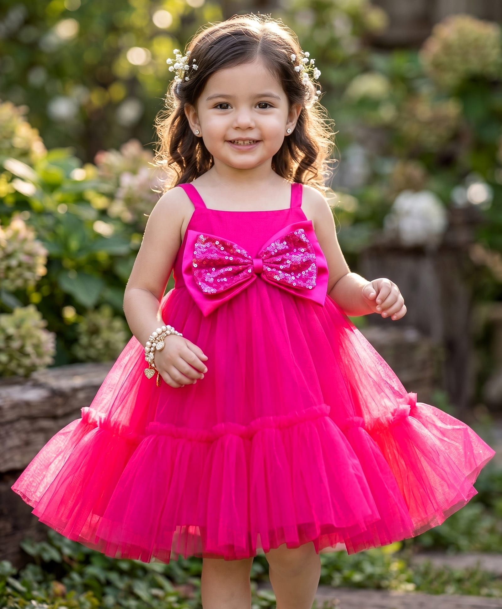 Babyhug Mesh Woven Sleeveless Party Dress With Sequin Bow Applique - Dark Pink-image-14