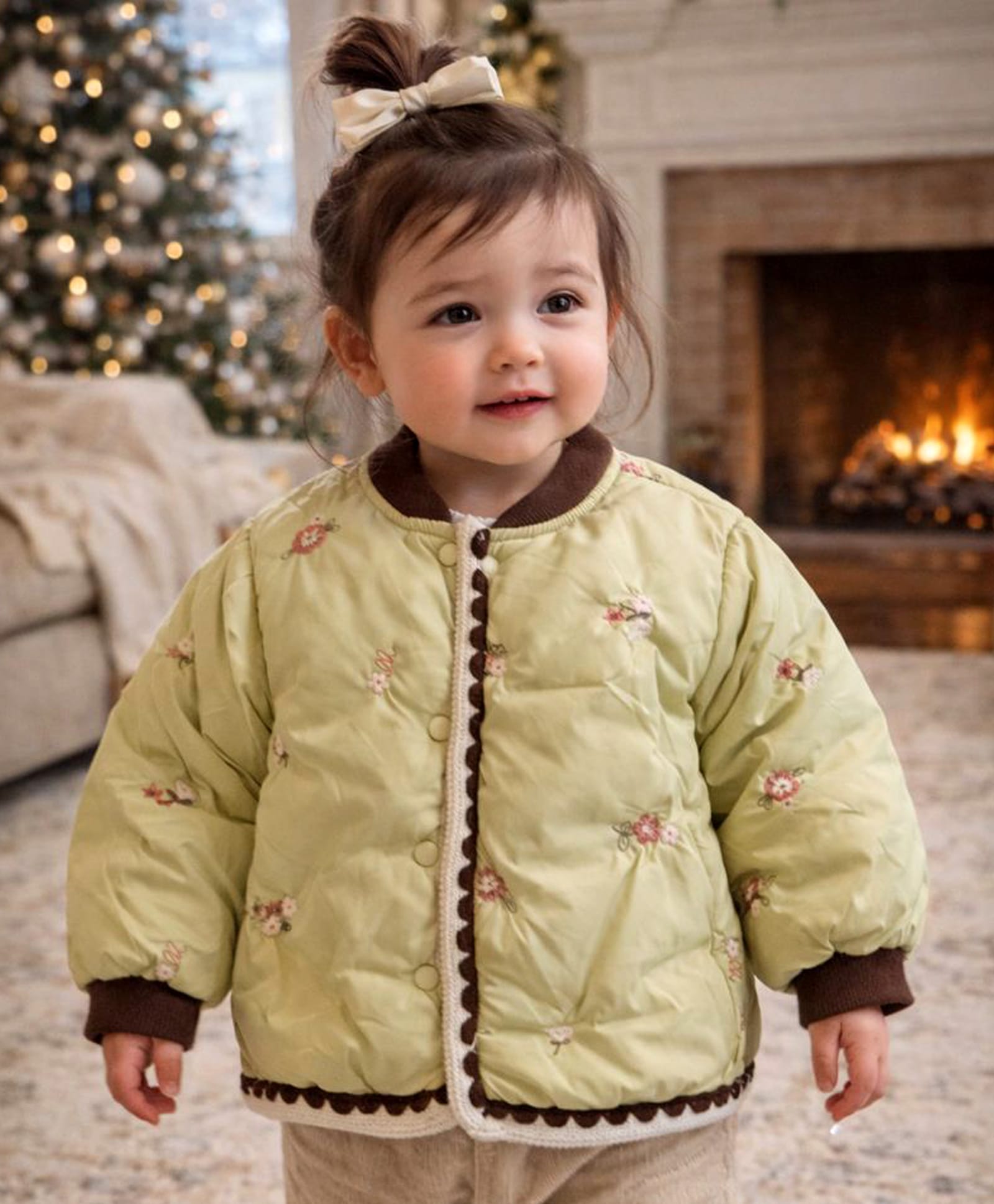 Little Surprise Box Knit Full Sleeves Floral Embroidered Light Winter Jacket - Olive-picture-21