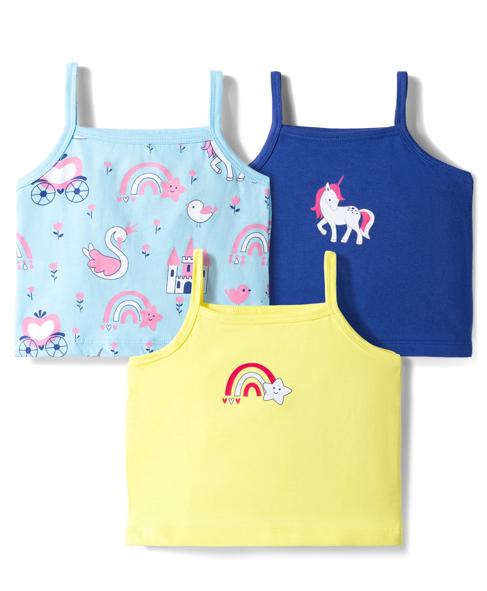 Doodle Poodle 100% Cotton Knit Sleeveless Slips with Unicorn & Rainbow Print Pack of 3 - Yellow Navy & Light Blue-image-21