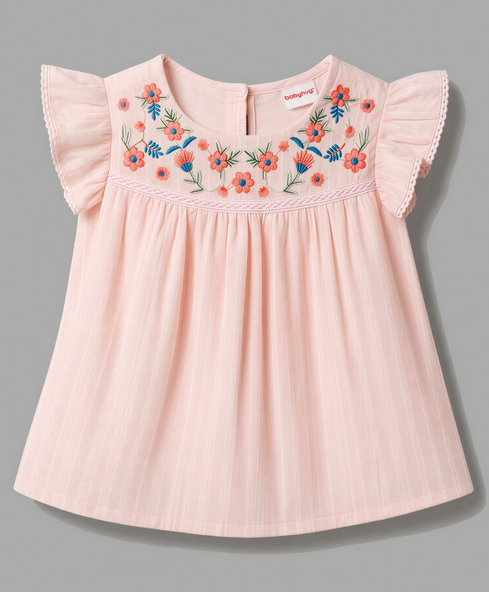 Babyhug 100% Cotton Knit Sleeveless Floral Embroidered Top - Peach-image-8