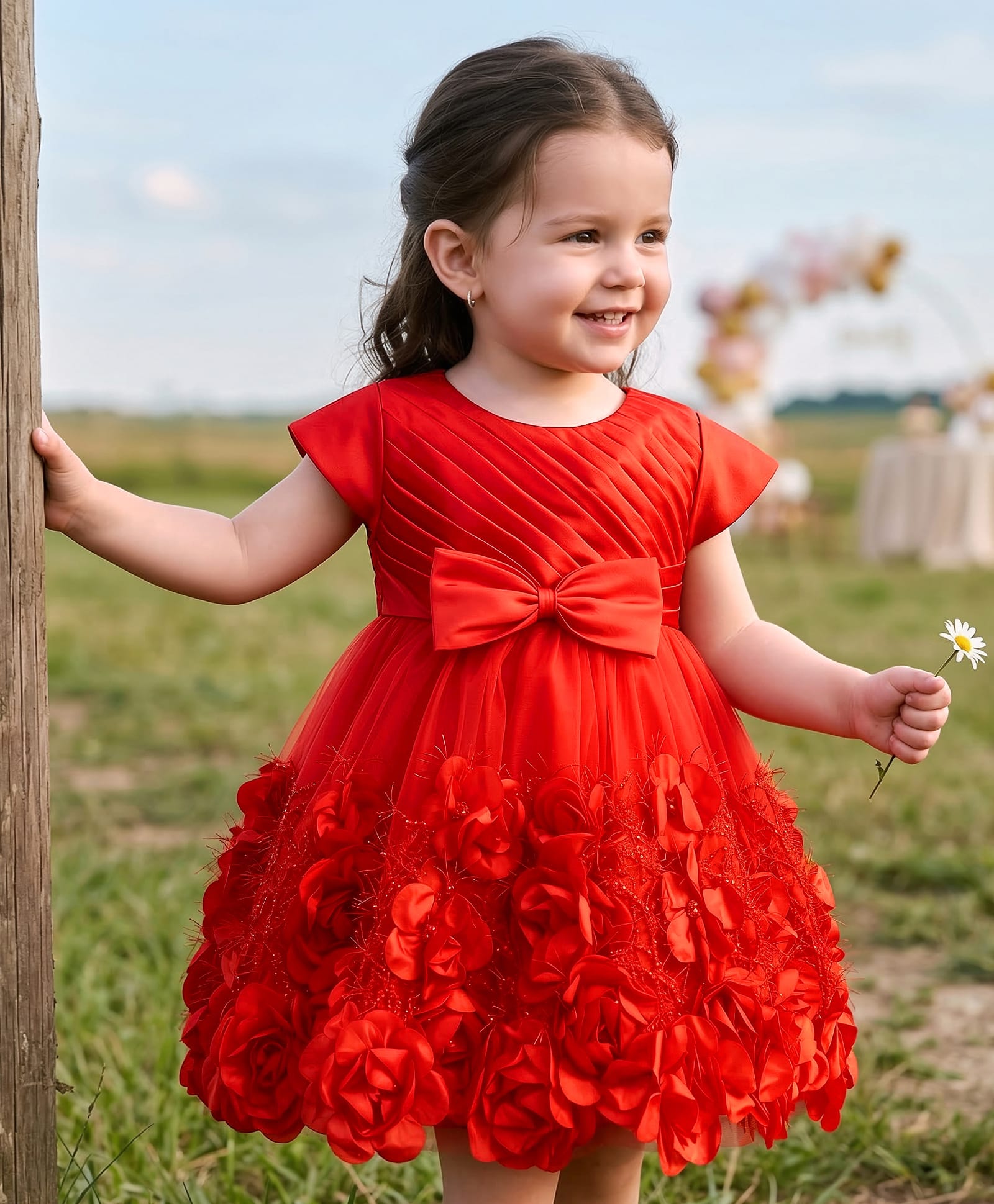 Babyhug Mesh Woven Cap Sleeves Yoke Pleated Party Dress With Floral & Bow Applique - Red-image-45