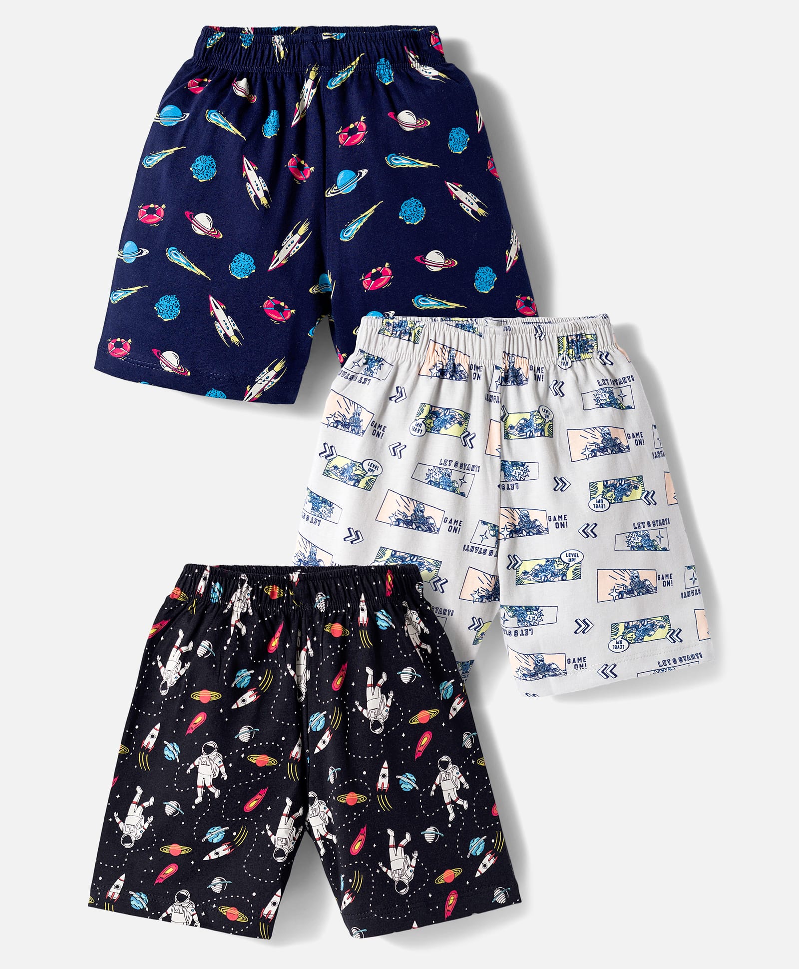 CUCUMBER Sinker Knit Above Knee Length Space Theme Printed Shorts Pack of 3 - Black Navy & White
