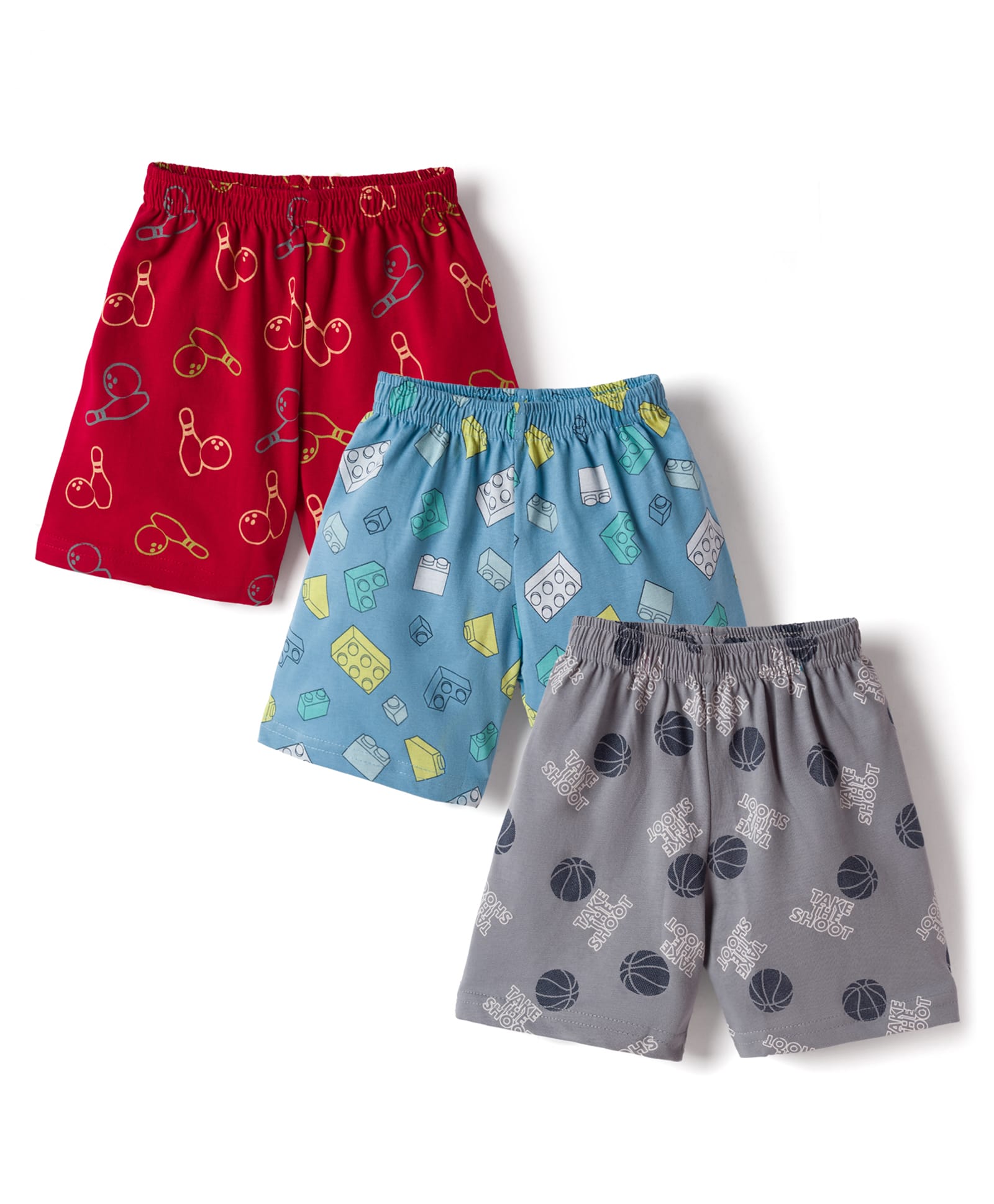 CUCUMBER Sinker Knit Above Knee Length Shorts with Sports Theme Print Pack of 3 - Grey Blue & Red-picture-35