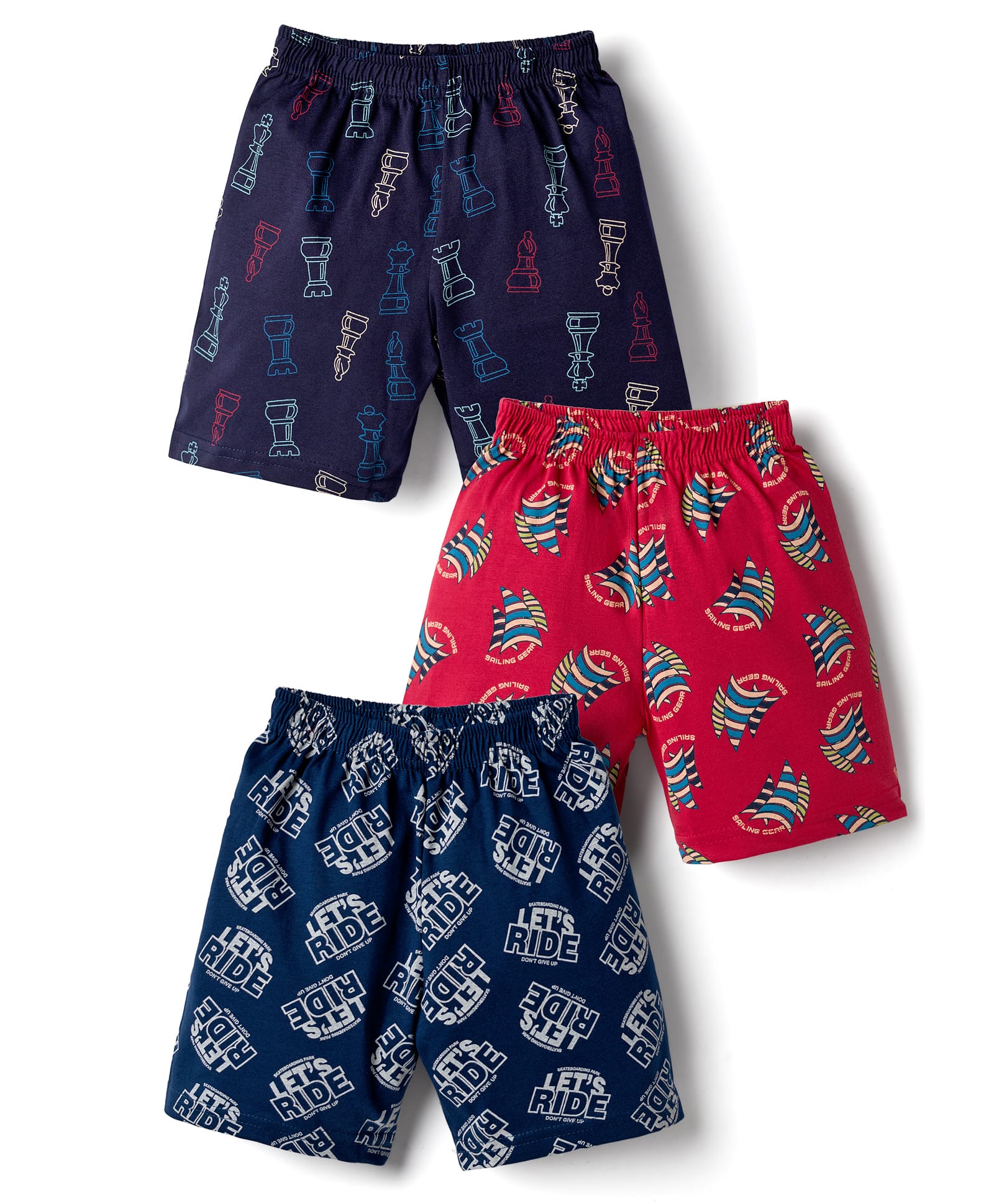 CUCUMBER Sinker Knit Above Knee Length Nautical & Sports Theme Printed Shorts Pack of 3 - Multicolour-picture-21