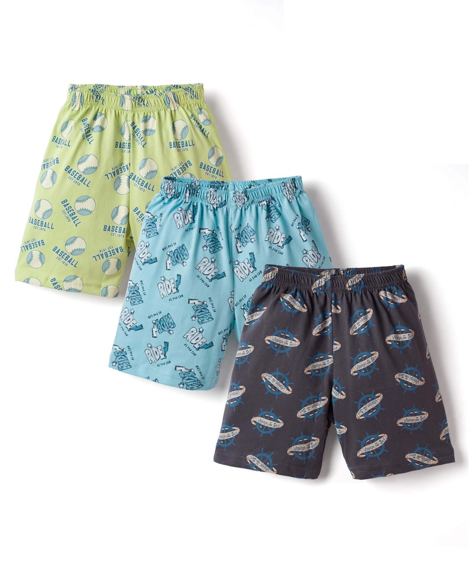 CUCUMBER Sinker Knit Above Knee Length Space Theme & Text Print Shorts Pack of 3 - Blue & Green-picture-11
