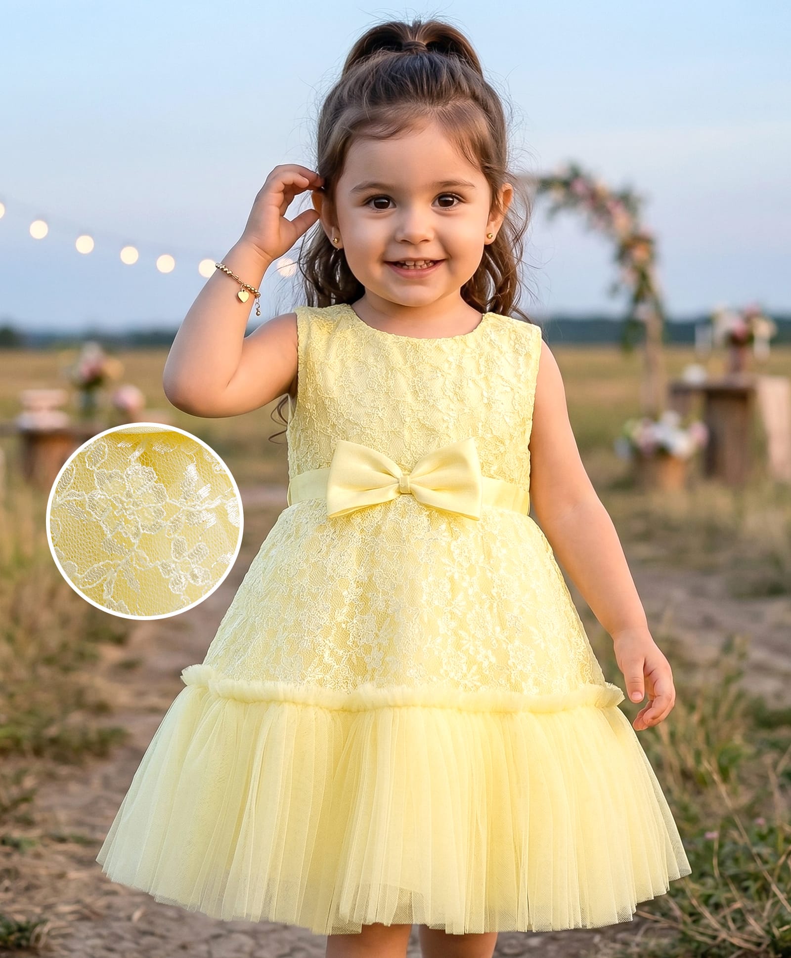 Babyhug Mesh Woven Sleeveless Floral Embroidered 5 Layer Tiered Party Dress with Satin Bow Applique - Yellow-image-3