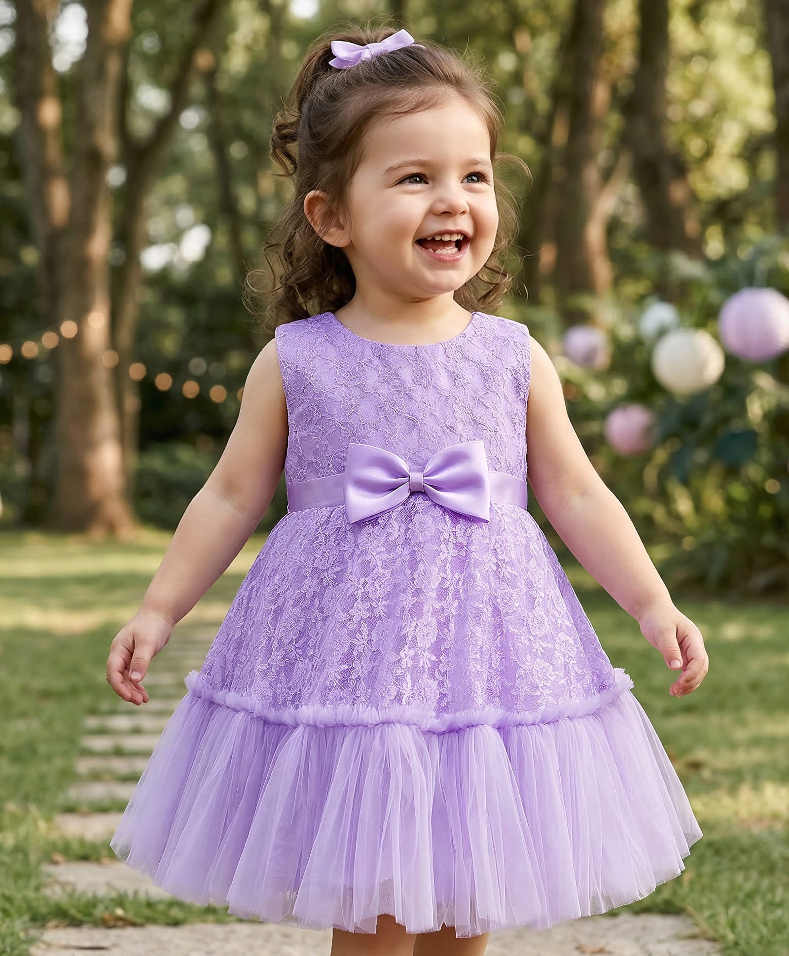 Babyhug Mesh Woven Sleeveless Floral Embroidered 5 Layer Tiered Party Dress with Satin Bow Applique - Lavendar-image-15