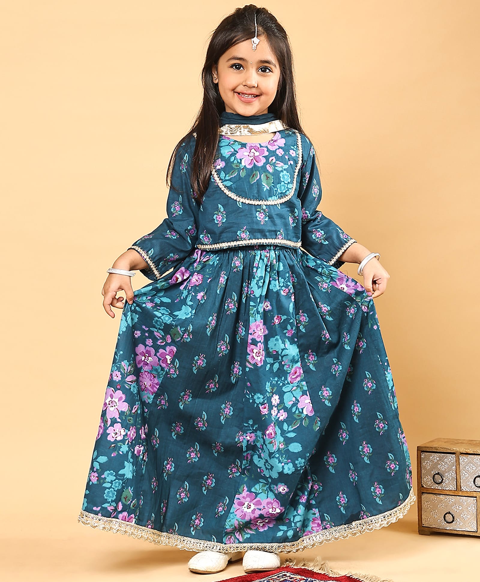 Superminis Cotton Woven Three Fourth Sleeves Floral Printed Lehenga Choli Set With Dupatta - Teal Blue-image-44