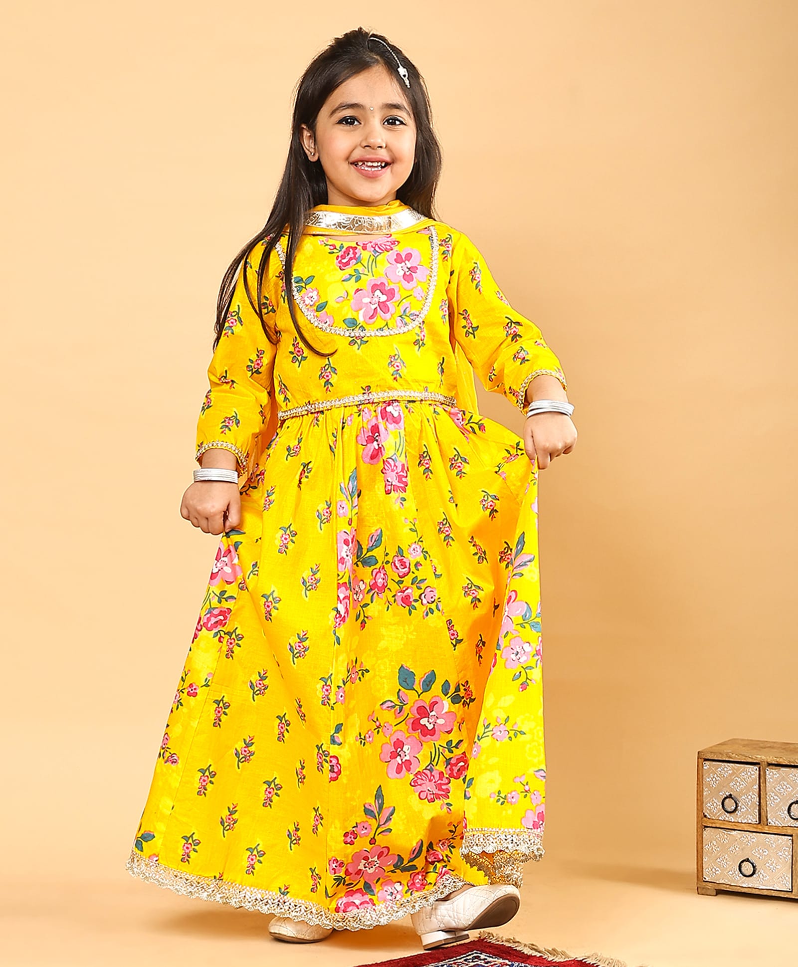 Superminis Cotton Woven Three Fourth Sleeves Floral Printed Lehenga Choli Set With Dupatta - Yellow-picture-14