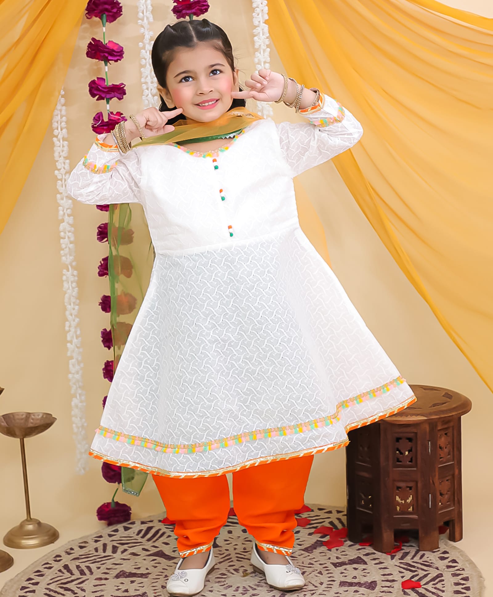 Superminis Cotton Woven Republic Day Theme Full Sleeves Chikankari Kurti & Dhoti Set With Dupatta - Orange-image-5