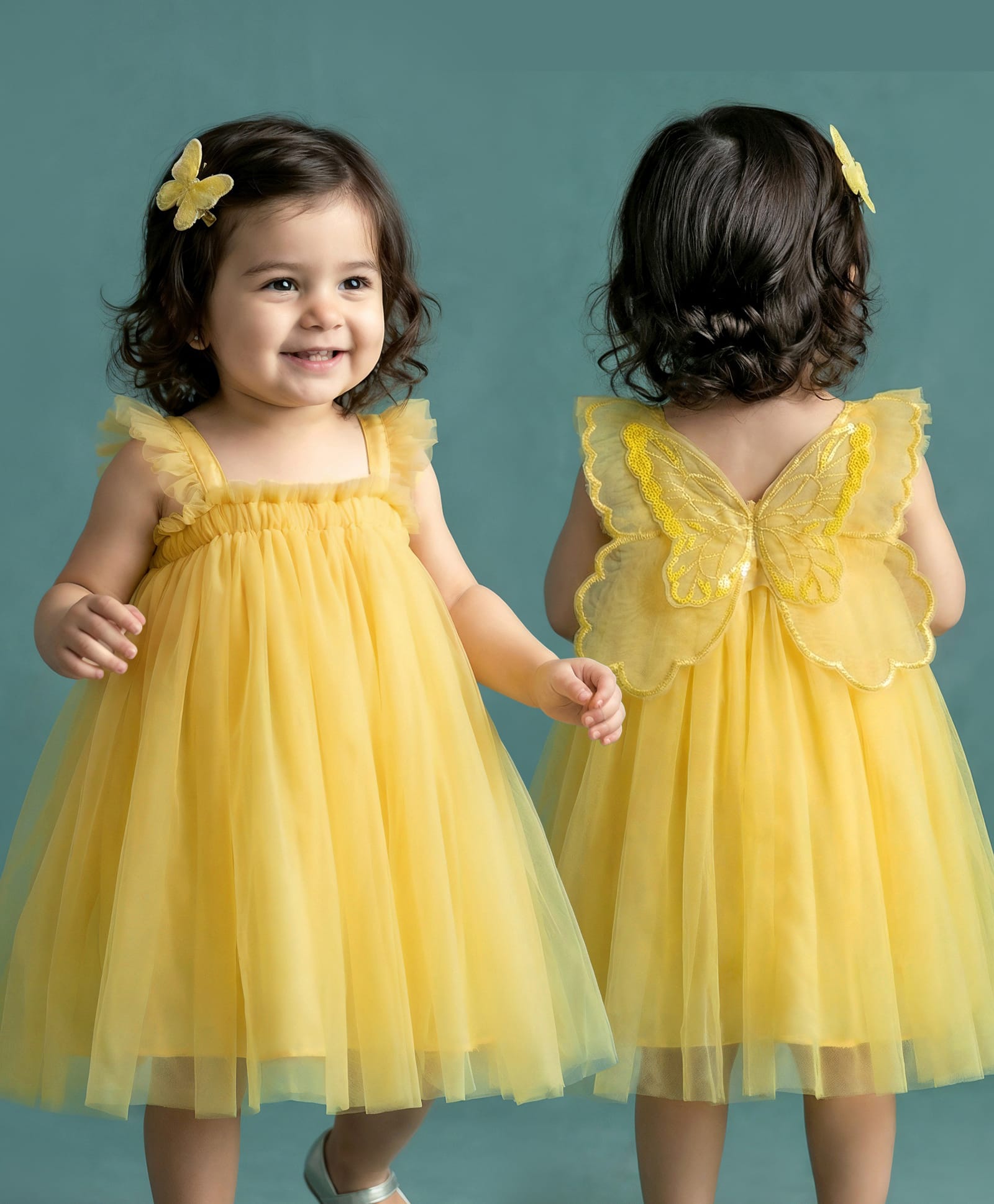 Babyhug Mesh Woven Sleeveless Solid Colour A Line Party Dress with Butterfly Wings Corsage & Sequin Detailing - Yellow-image-38