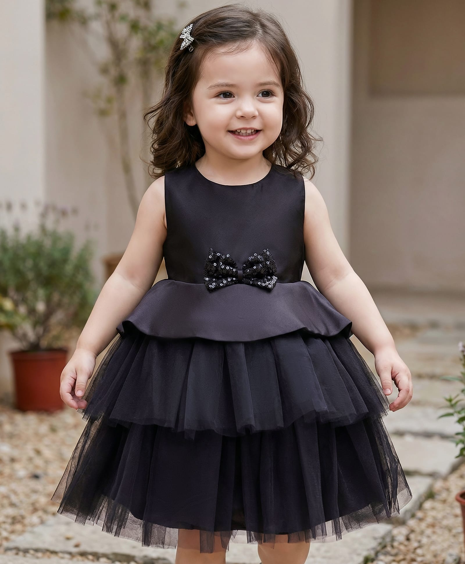 Babyhug Premium Satin Woven Sleeveless 5 Layered Party Frock with Sequins Bow Applique - Black-image-34