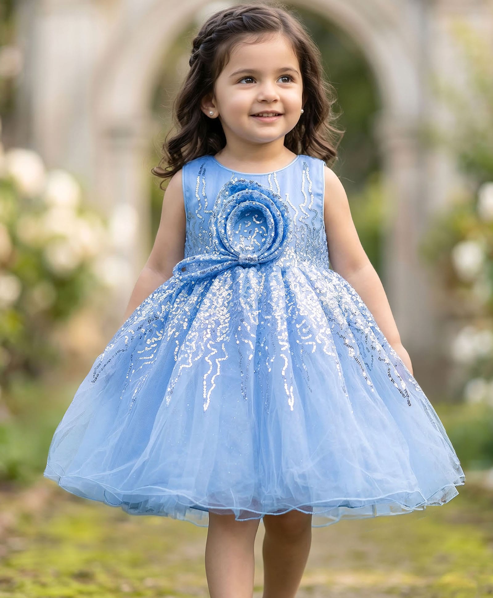 Babyhug Glitter Mesh Woven Sleeveless Party Dress With Sequin Detailing & Bow Applique - Light Blue-picture-18