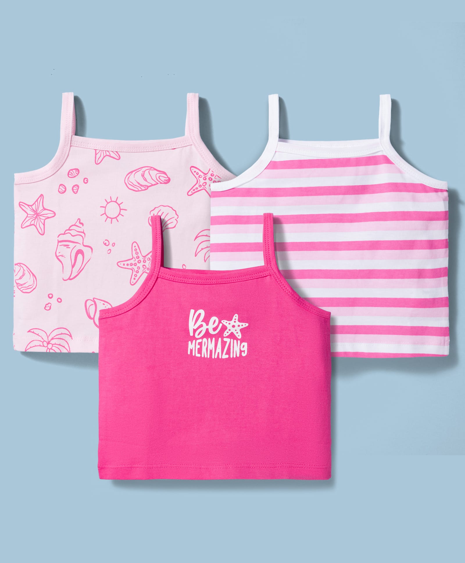Doodle Poodle 100% Cotton Knit Sleeveless Sea Life Printed Slips Pack Of 3 -Pink & White-image-17