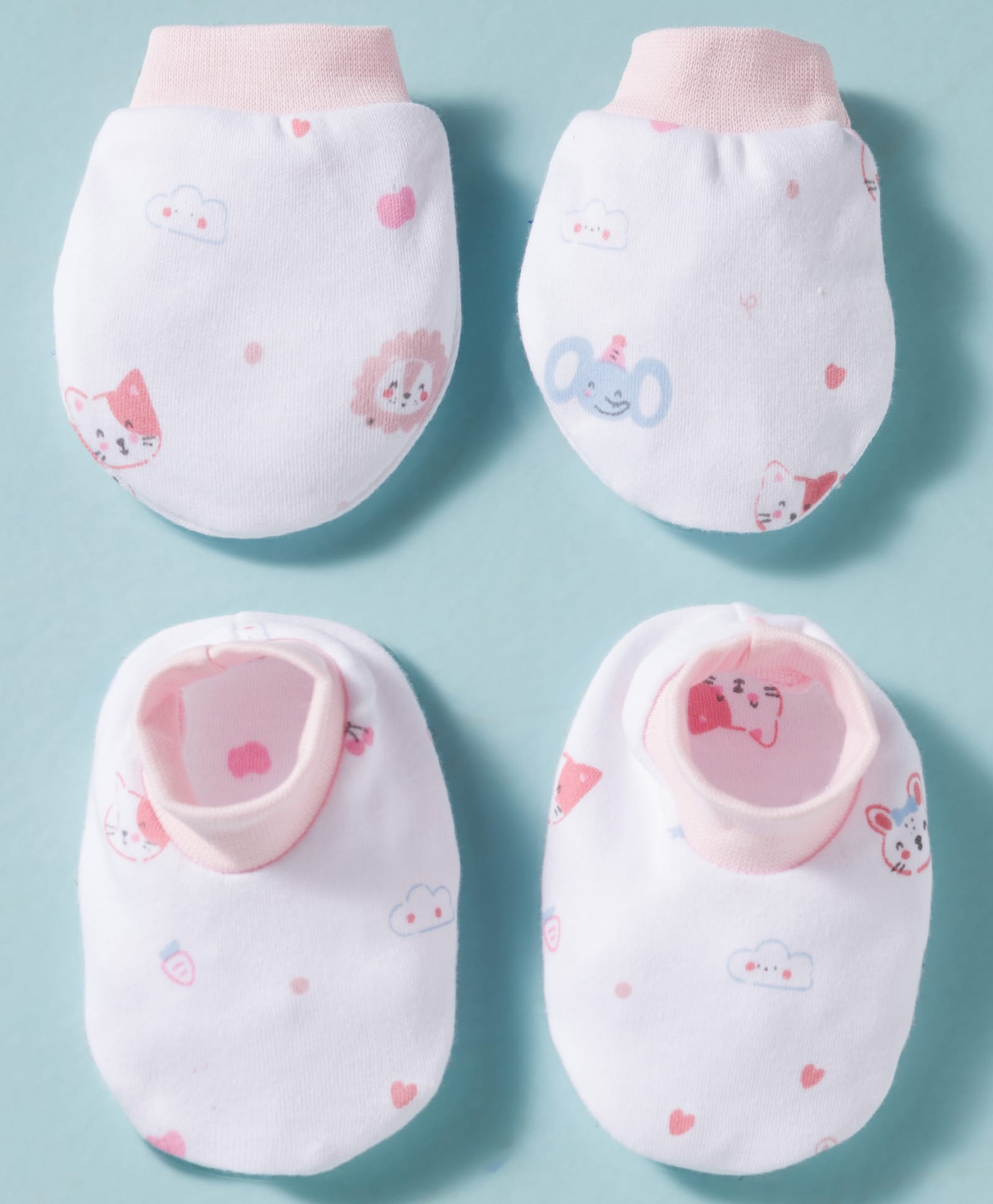 Simply Interlock Knit Animal Printed Mittens & Booties Set - White & Pink-picture-18