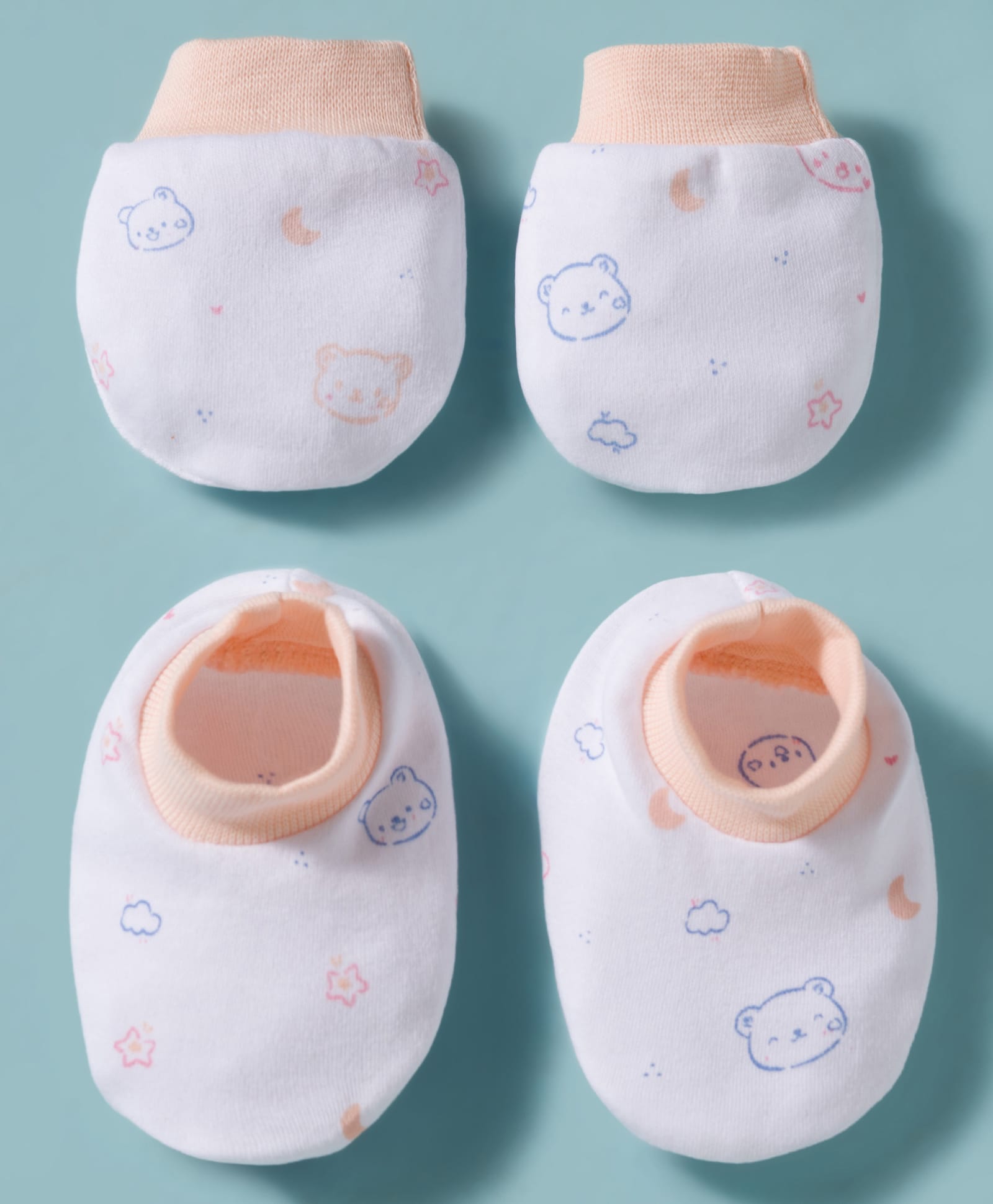 Simply Interlock Knit Bear Printed Mittens & Booties Set - White & Peach-picture-28