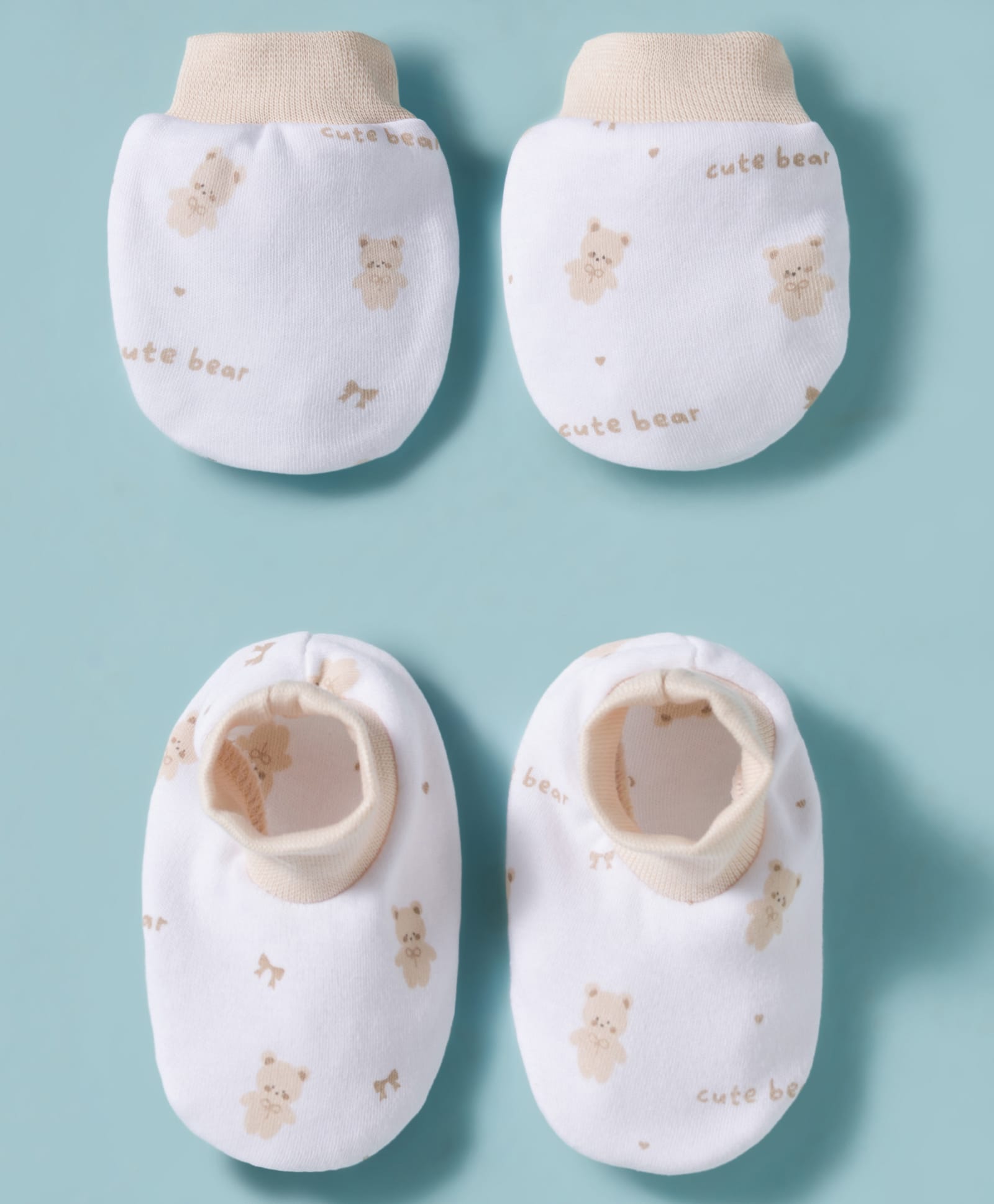 Simply Interlock Knit Bear Printed Mittens & Booties Set - White & Beige-picture-25