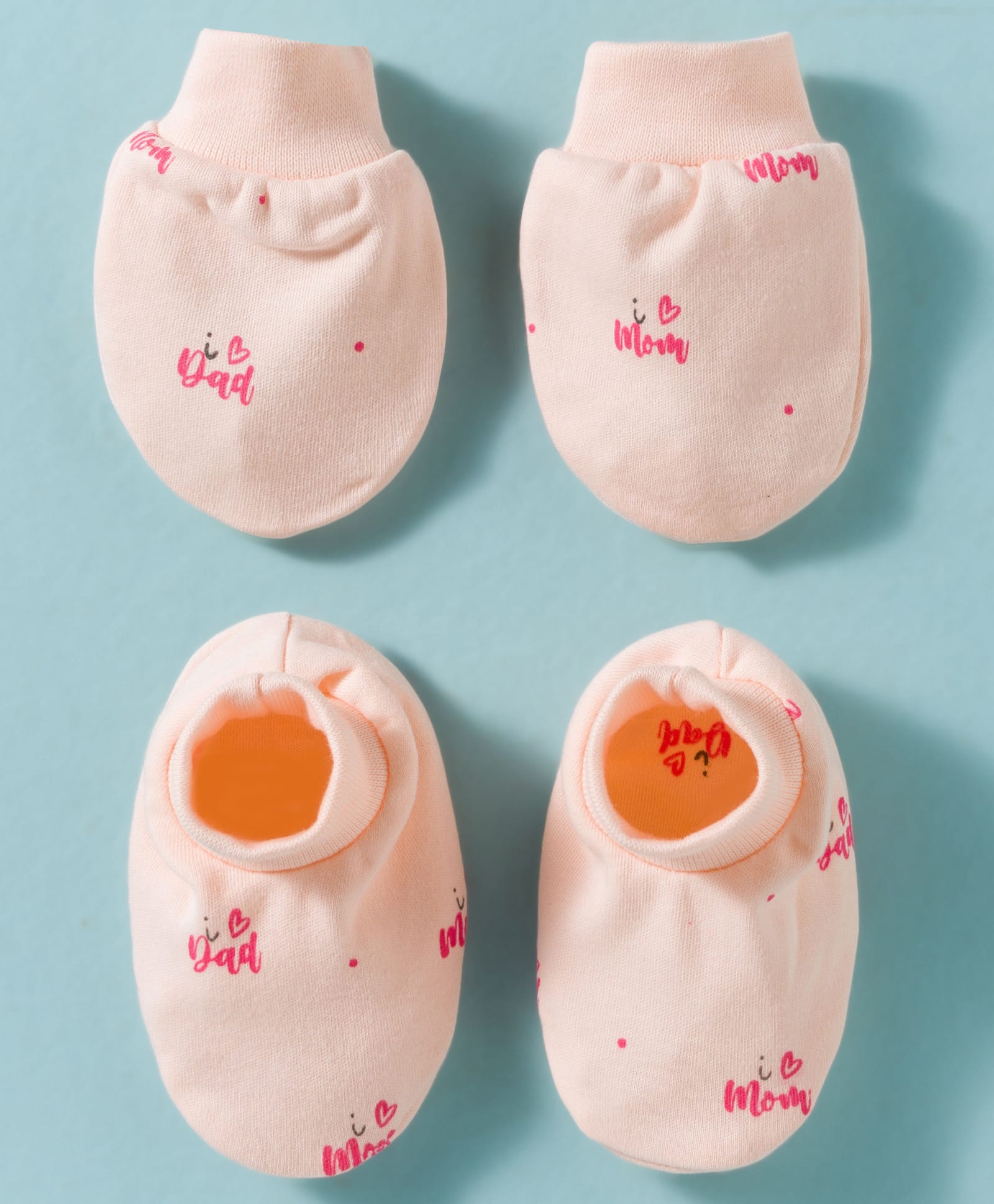 Simply Interlock Knit Text Printed Mittens & Booties Set - Peach-picture-35