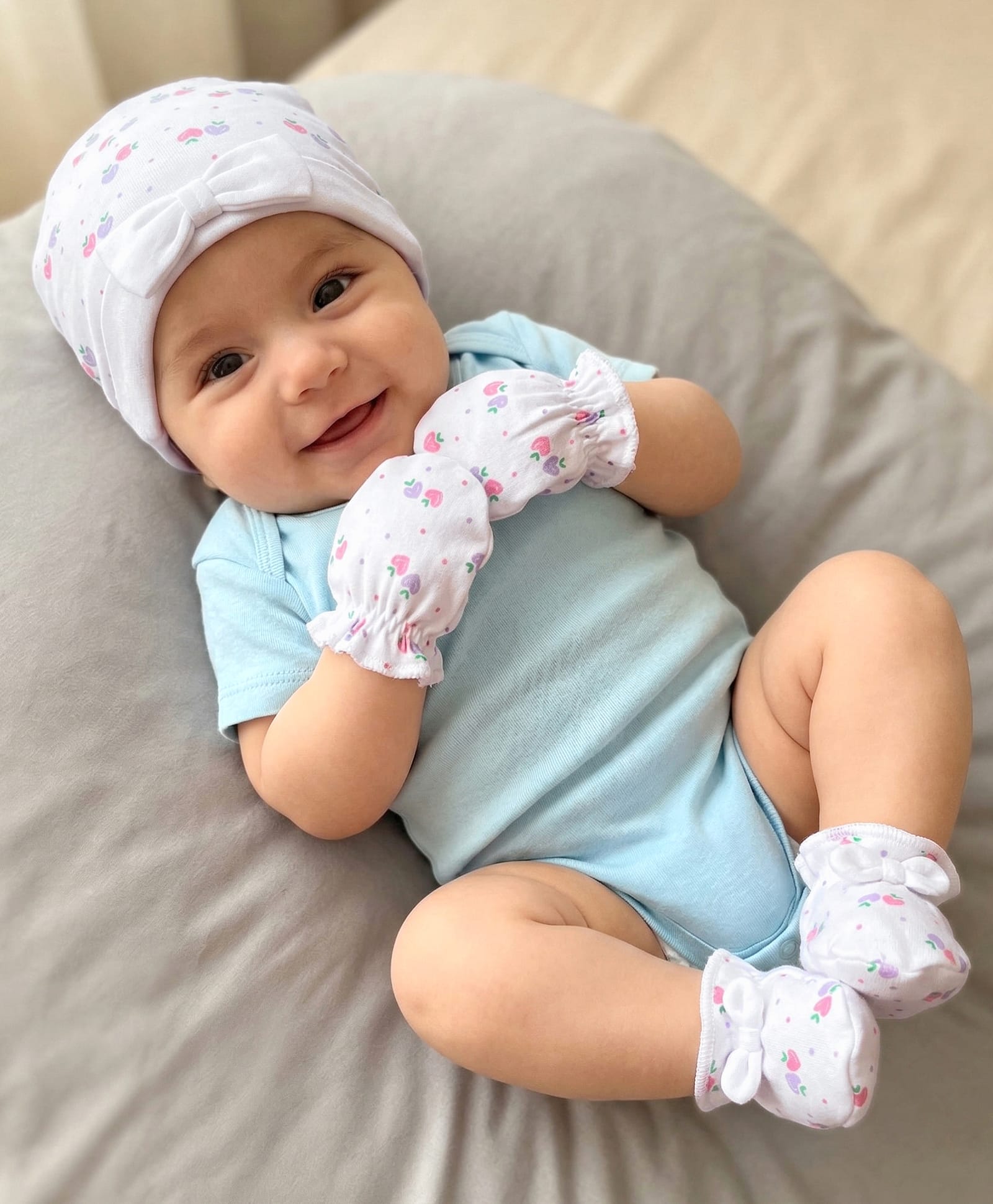 Babyhug 100% Cotton Interlock Knit Cap, Mittens & Booties Set With Strawberry Print & Bow Applique White & Pink - Diameter 10.5 cm-image-14